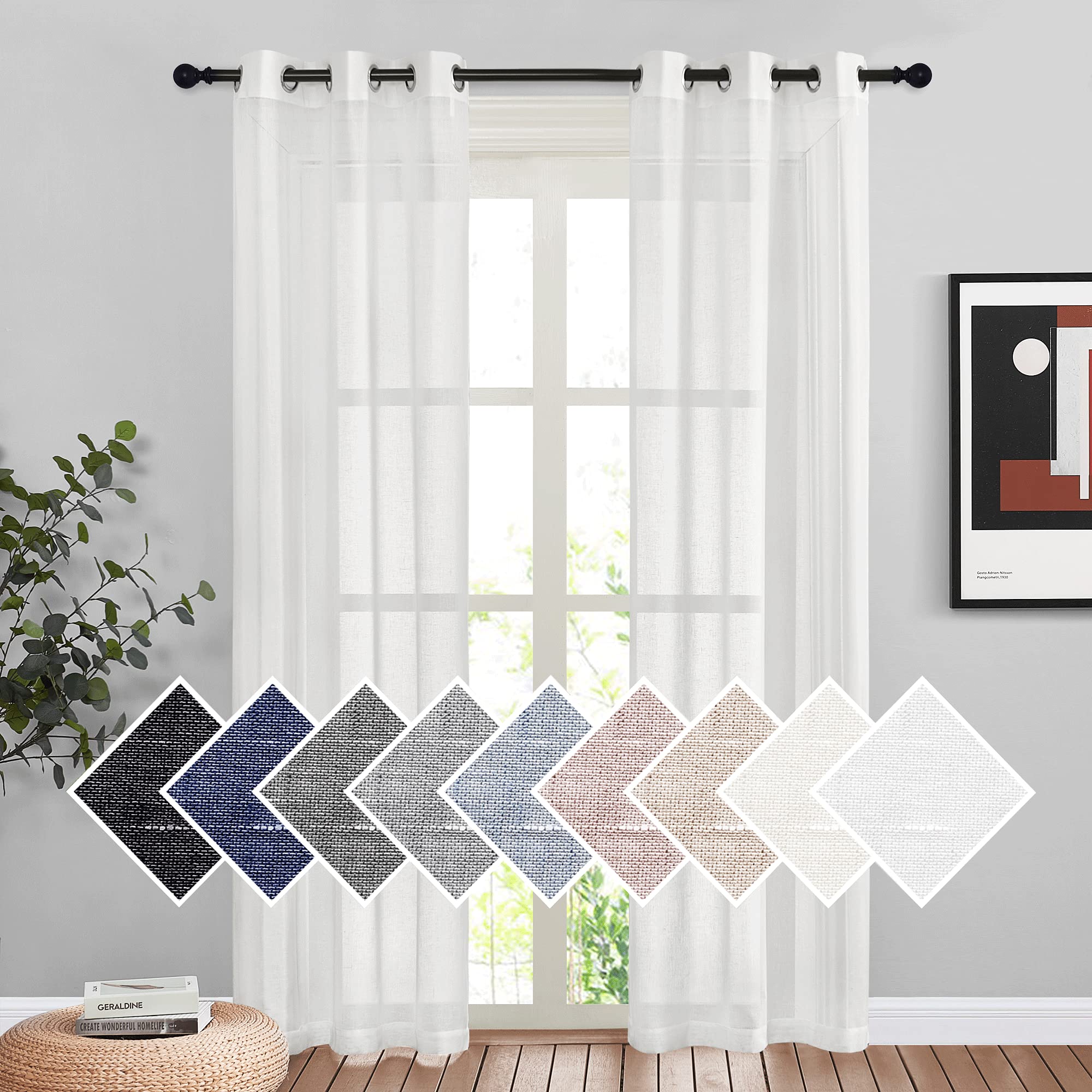 NICETOWN Semi Sheer Linen Curtains for Bedroom 84 inches Long, Grommet Privacy Vertical Farmhouse Window with Light Filtering for Living Room, Natural, W52 x L84, 2 Pieces