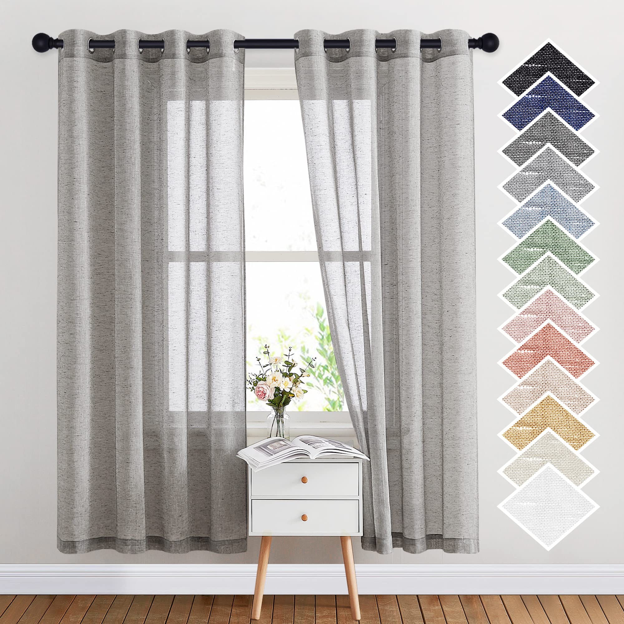 NICETOWN Semi Sheer Linen Curtains for Bedroom 84 inches Long, Grommet Privacy Vertical Farmhouse Window with Light Filtering for Living Room, Natural, W52 x L84, 2 Pieces