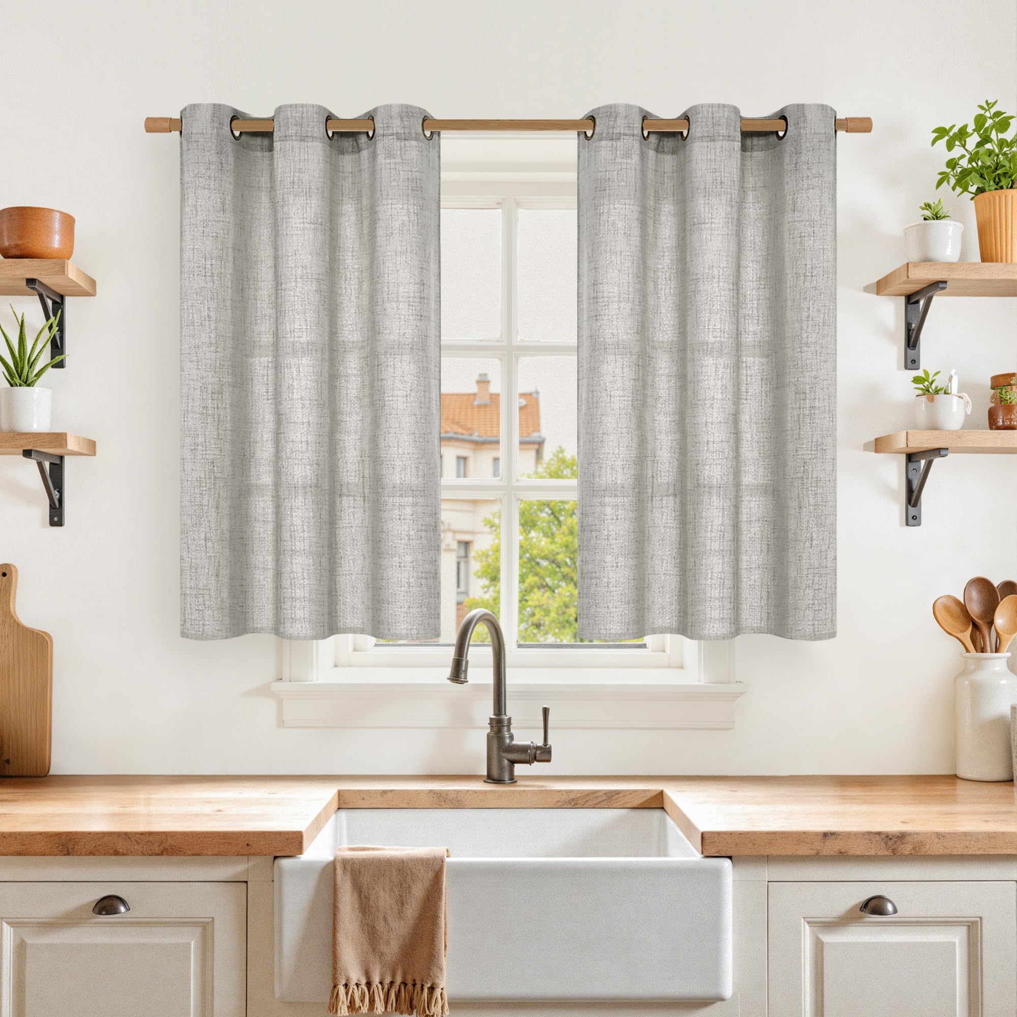 YoungsTex Linen Semi Sheer Curtains 63 Inch Length 2 Panels for Living Room - Light Filtering Drapes with Bronze Grommet Beige Window Treatments for Country Office Bedroom, 52 X 63 Inch