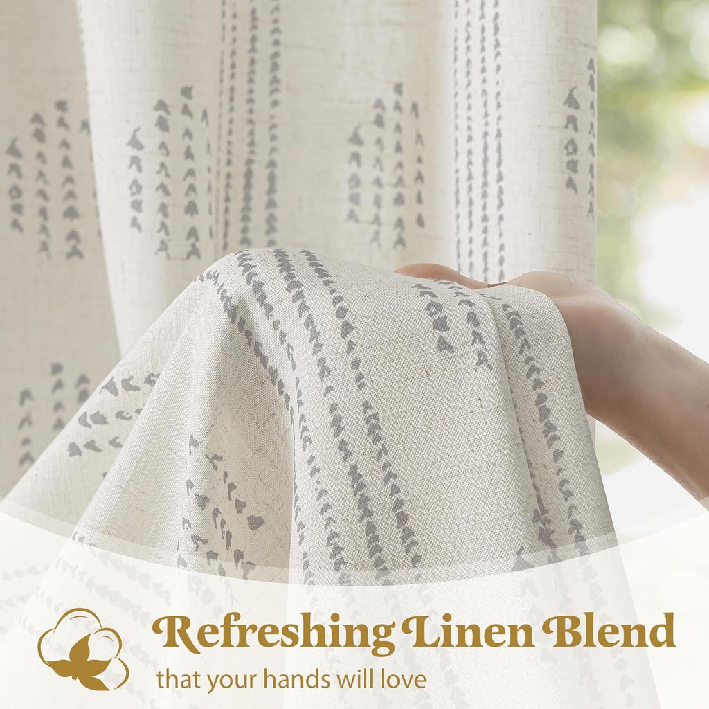 Boho Linen Curtains for Bedroom Living Room Grey Farmhouse Boho Curtains 84 Inches Long Geometric Striped Patterned Mudcloth Grommet Top Light Filtering Window Drapes 2 Panels Gray on Beige