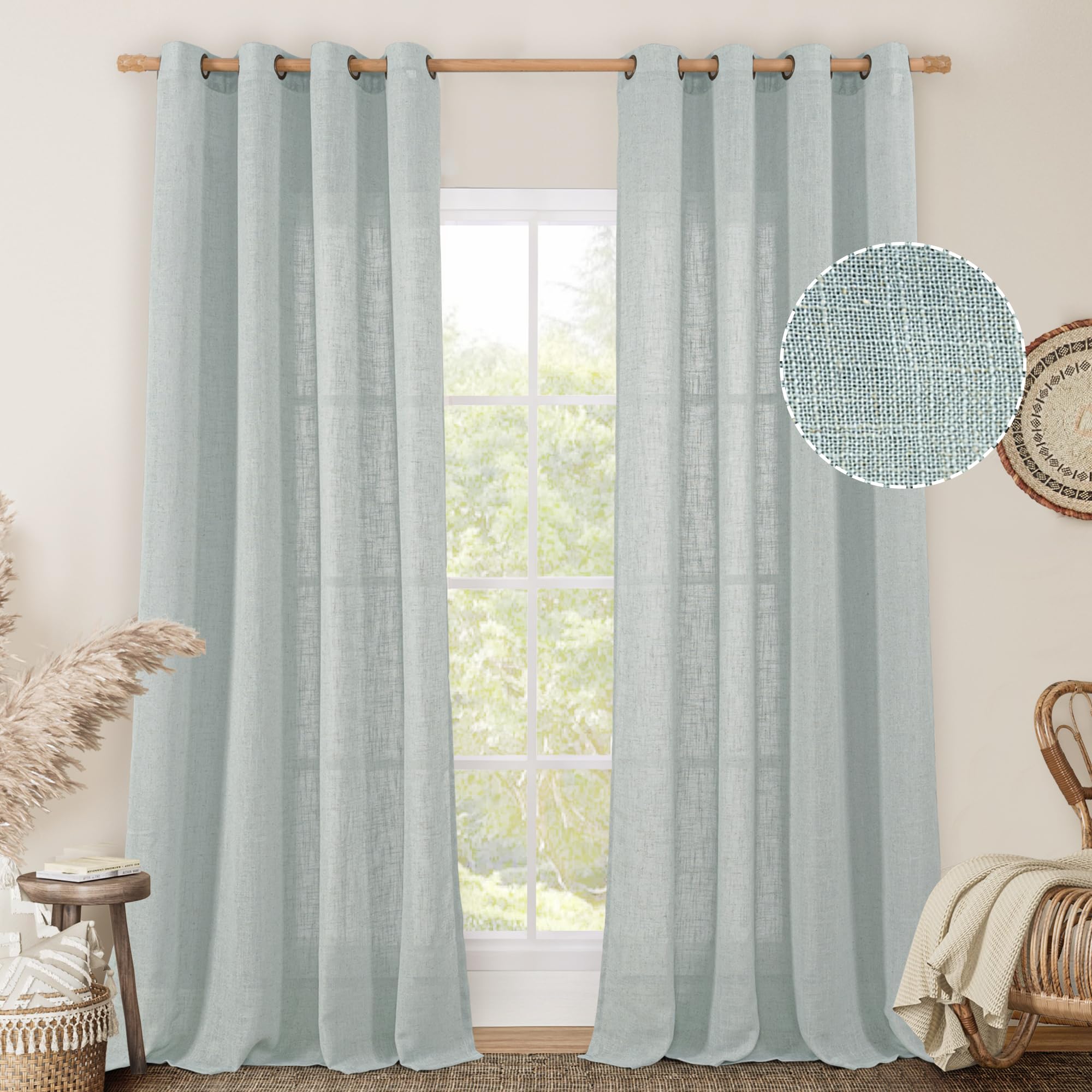 LAMIT Natural Ivory Linen Semi Sheer Curtains 84 inch Length, Cream Light Filtering Soft Thick Neutral Living Room Drapes with Bronze Grommet for Bedroom/Farmhouse, 2 Panels, 52 x 84 Inch