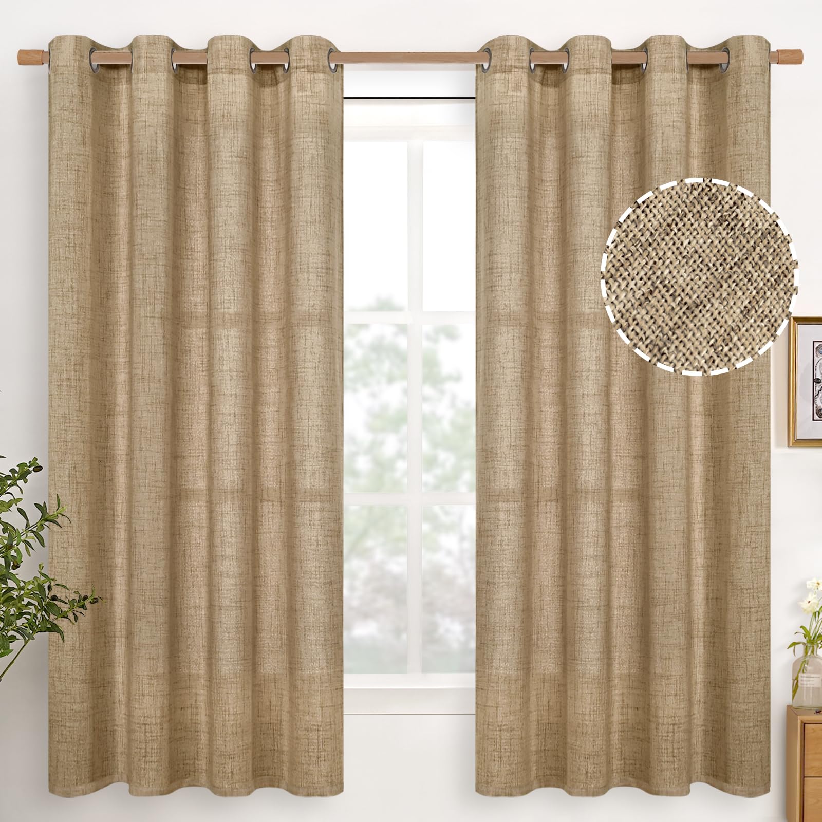 YoungsTex Linen Semi Sheer Curtains 63 Inch Length 2 Panels for Living Room - Light Filtering Drapes with Bronze Grommet Beige Window Treatments for Country Office Bedroom, 52 X 63 Inch