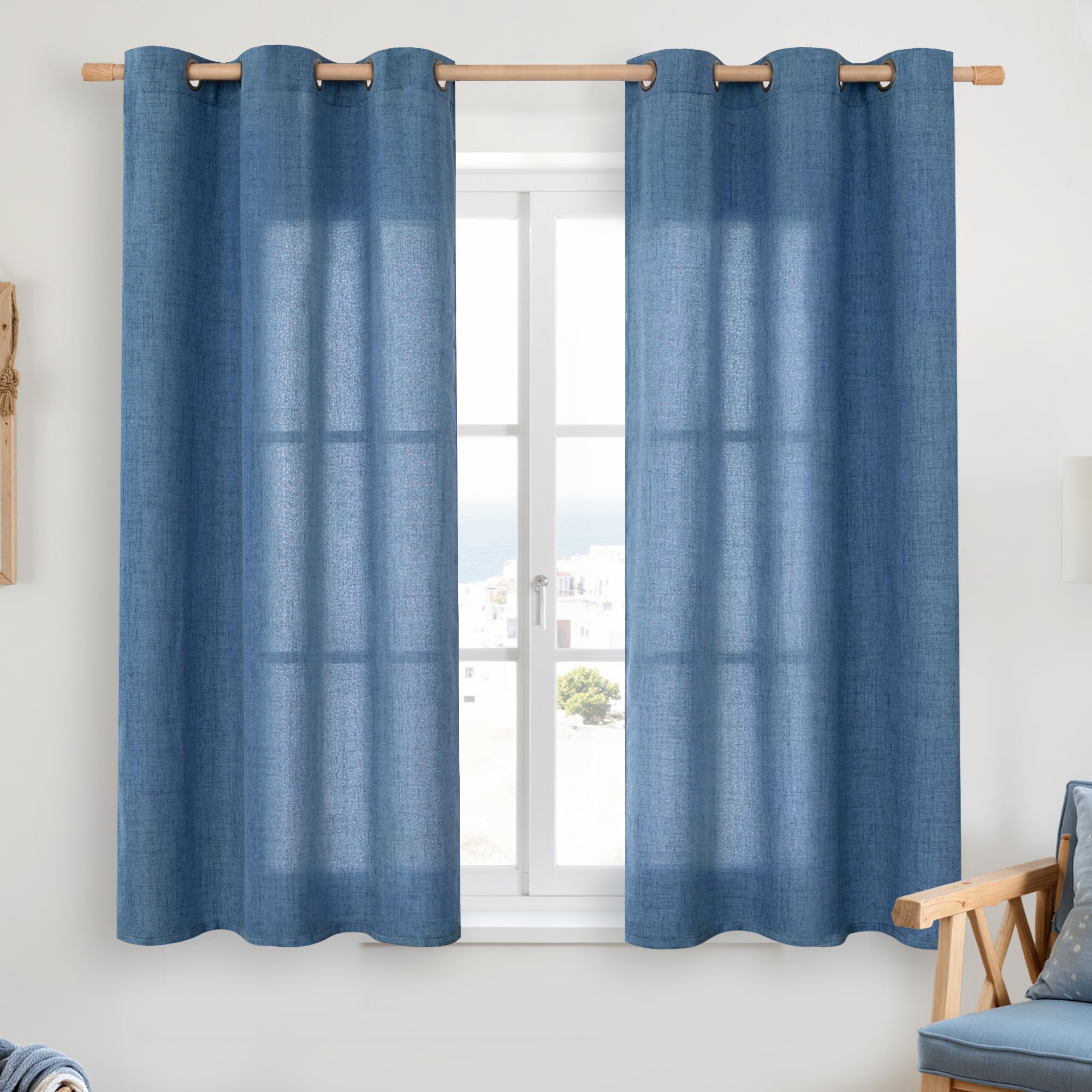YoungsTex Linen Semi Sheer Curtains 63 Inch Length 2 Panels for Living Room - Light Filtering Drapes with Bronze Grommet Beige Window Treatments for Country Office Bedroom, 52 X 63 Inch