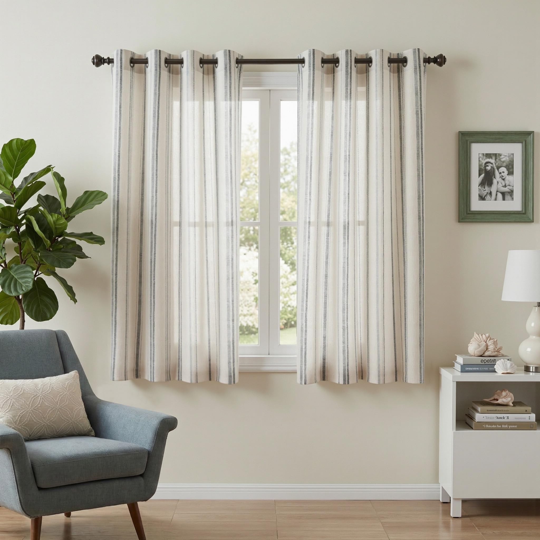 MYSKY HOME Grey Striped Linen Curtains 84 Inches Long Farmhouse Rustic for Bedroom Living Room Light Filtering Ticking Stripe Pinstripe Gray and White Patterned Drapes, Grommet, 2 Panels, 52" Wide