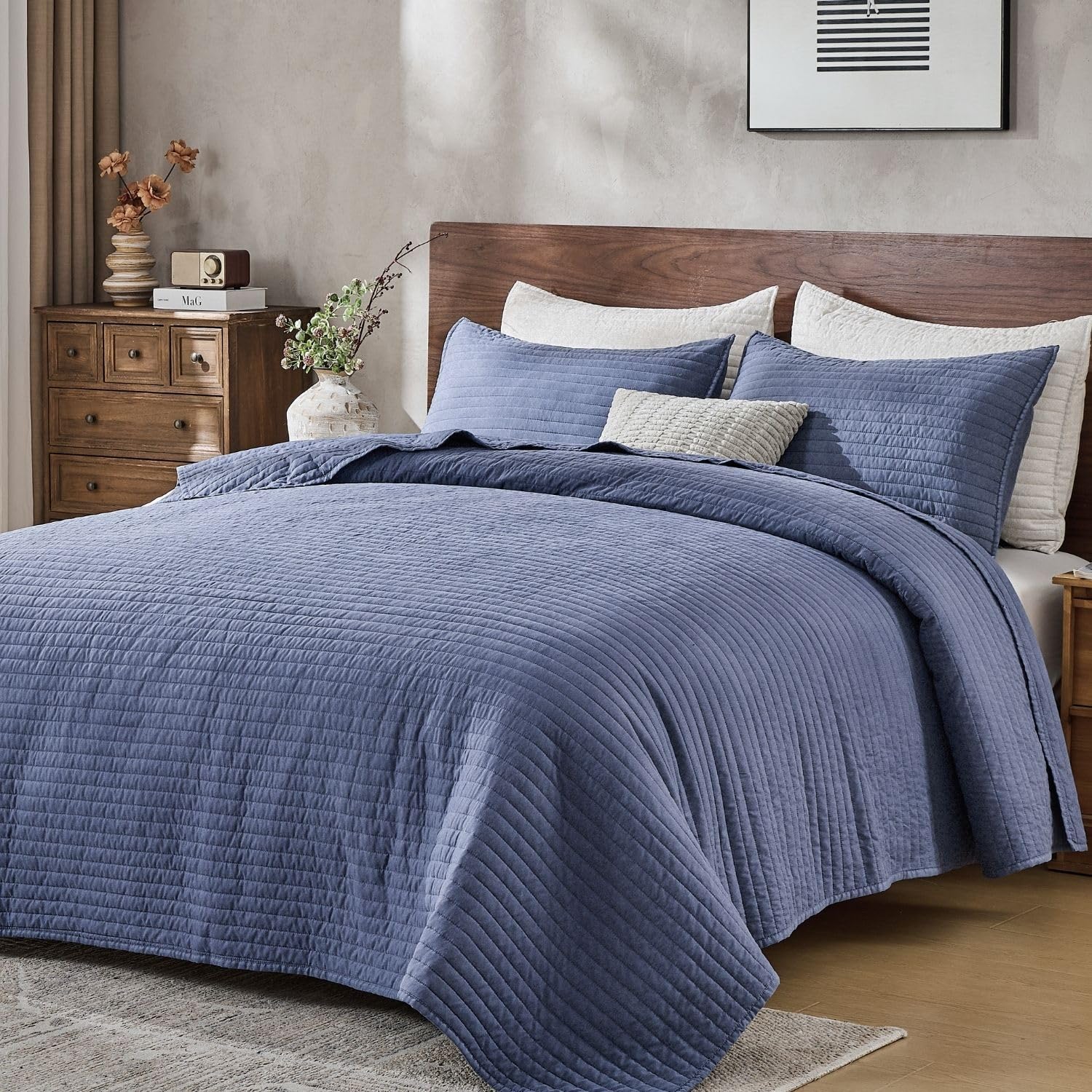 DOWN HOME Queen Quilt Bedding Set with Shams, Vintage Washed Soft Quilted Blanket Thin Comforter Lightweight Bedspread Coverlet Bed Cover, Brushed Microfiber Stripe Stitching, Linen White, 86"x90"