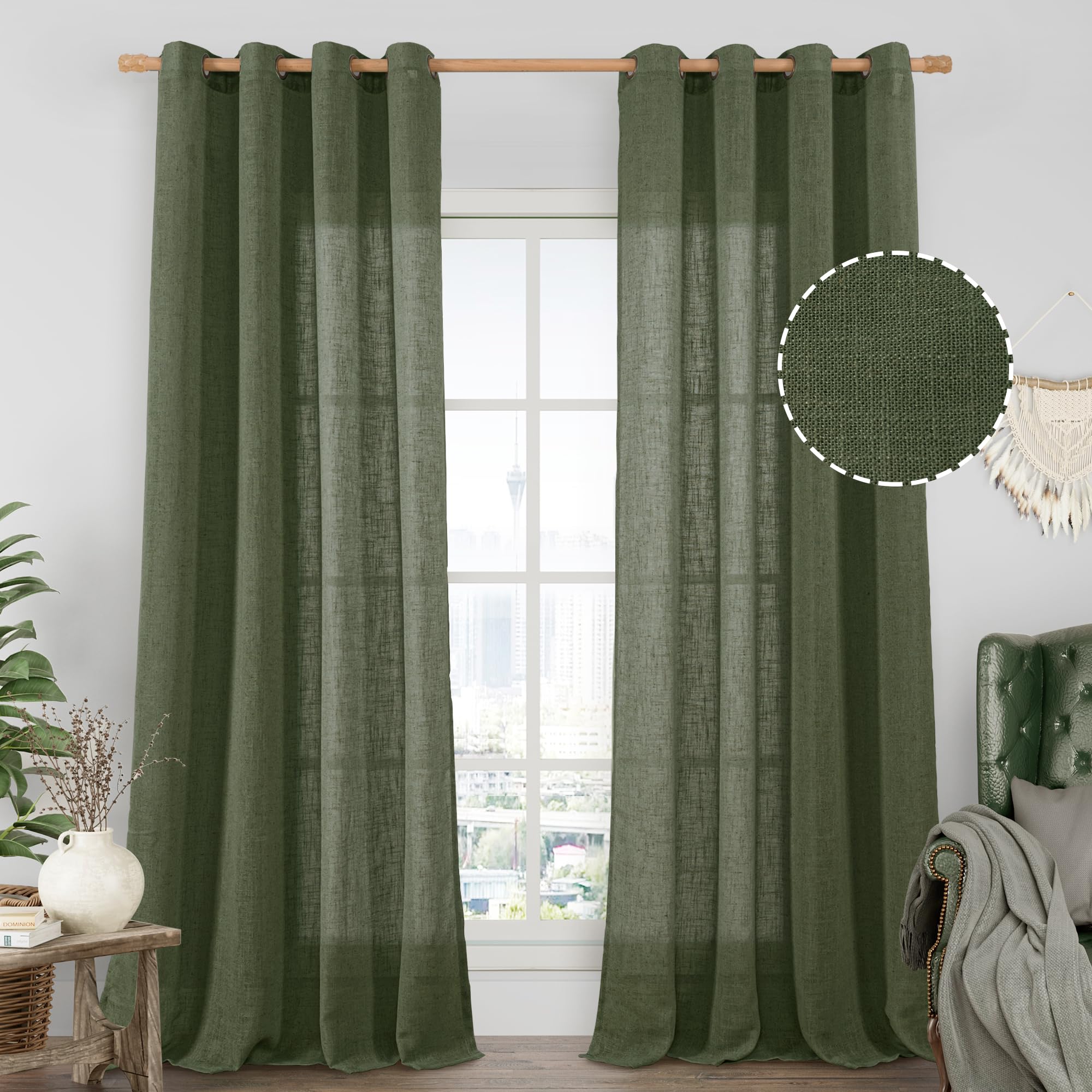 LAMIT Natural Ivory Linen Semi Sheer Curtains 84 inch Length, Cream Light Filtering Soft Thick Neutral Living Room Drapes with Bronze Grommet for Bedroom/Farmhouse, 2 Panels, 52 x 84 Inch
