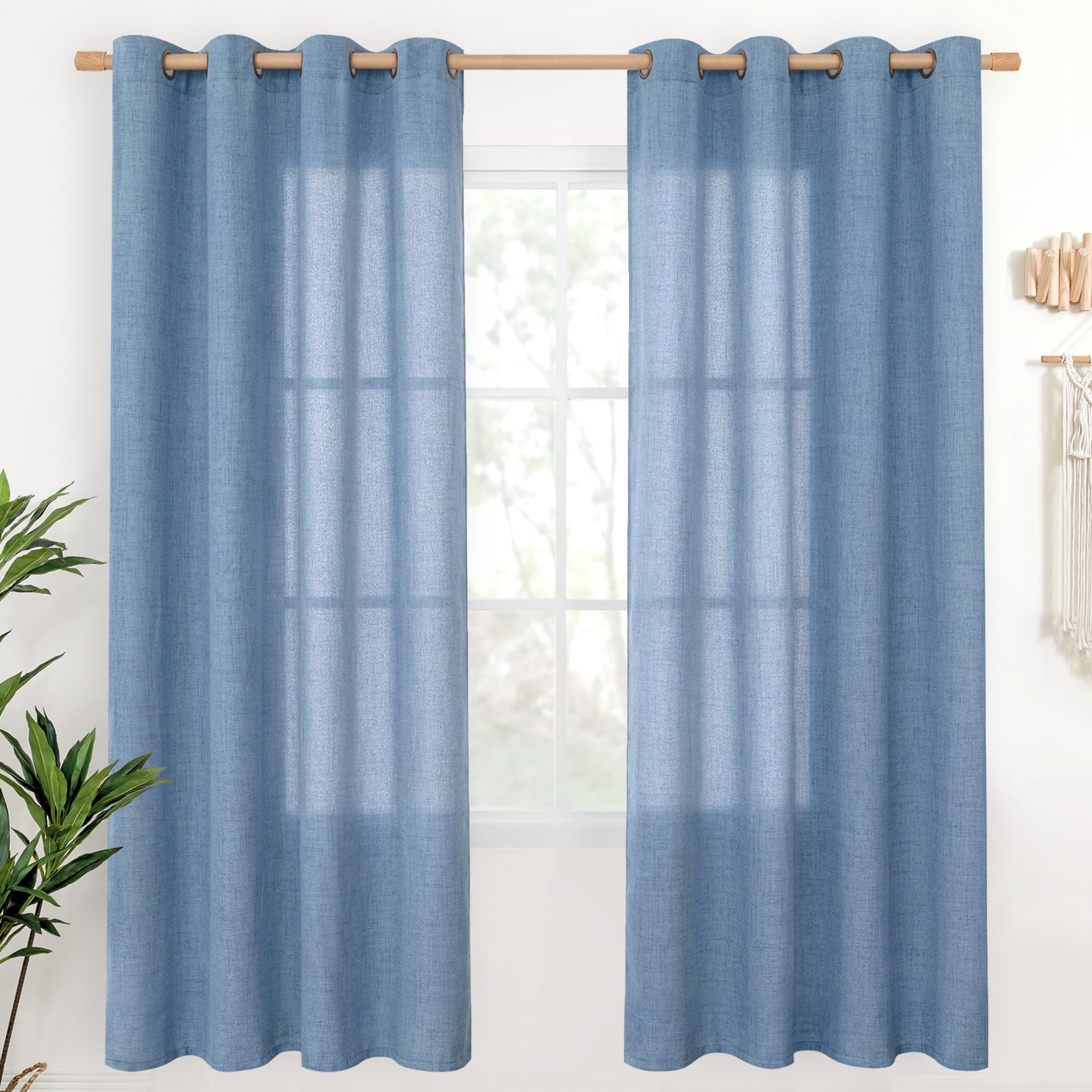 YoungsTex Linen Semi Sheer Curtains 63 Inch Length 2 Panels for Living Room - Light Filtering Drapes with Bronze Grommet Beige Window Treatments for Country Office Bedroom, 52 X 63 Inch