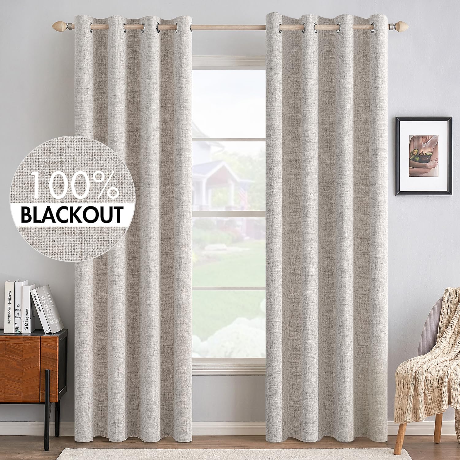 MIULEE 100% Blackout Linen Textured Curtains for Bedroom Solid Thermal Insulated Cream Grommet Room Darkening Curtains & Drapes Luxury Decor for Living Room Nursery 52 x 84 Inch (2 Panels)