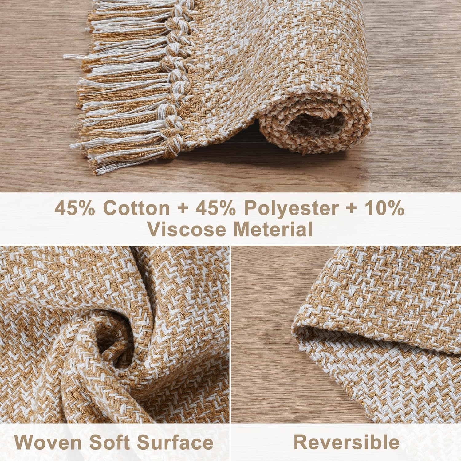 Collive Washable Area Rug 3' x 5', Modern Farmhouse Woven Kitchen Rugs, Tan/Cream Indoor Outddor Mat Braided Throw Carpet for Entryway Bedroom Nursery Laundry Living Room