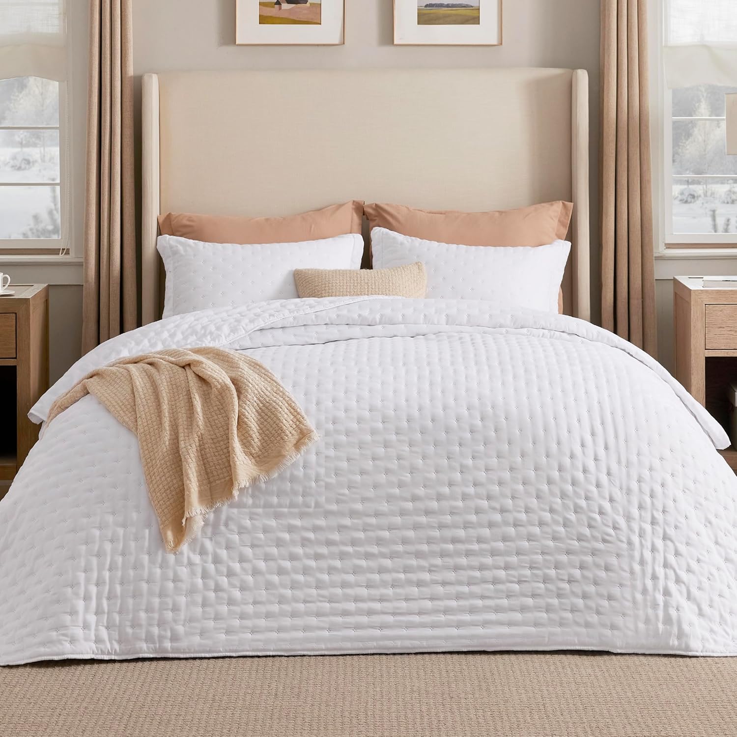 Bedsure Quilts Queen Size - Linen Bedspread Queen Size & Lightweight Comforter, Modern Farmhouse Coverlet with Clover Pattern, Ultra Soft All-Season Bedding, 90 x 96 Inches | Stitch-Free Quilting, Ultra Soft, Lightweight, Machine Washable, Pet-Friendly
