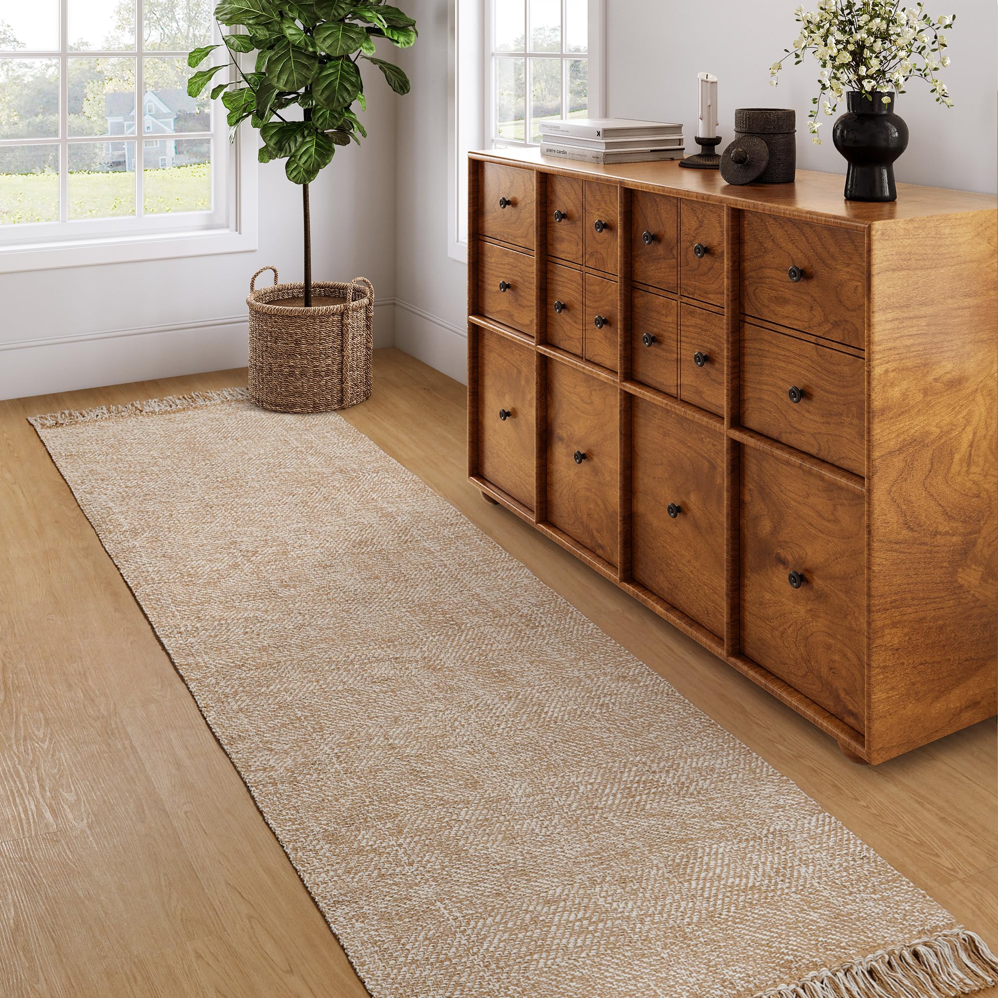 Collive Washable Area Rug 3' x 5', Modern Farmhouse Woven Kitchen Rugs, Tan/Cream Indoor Outddor Mat Braided Throw Carpet for Entryway Bedroom Nursery Laundry Living Room