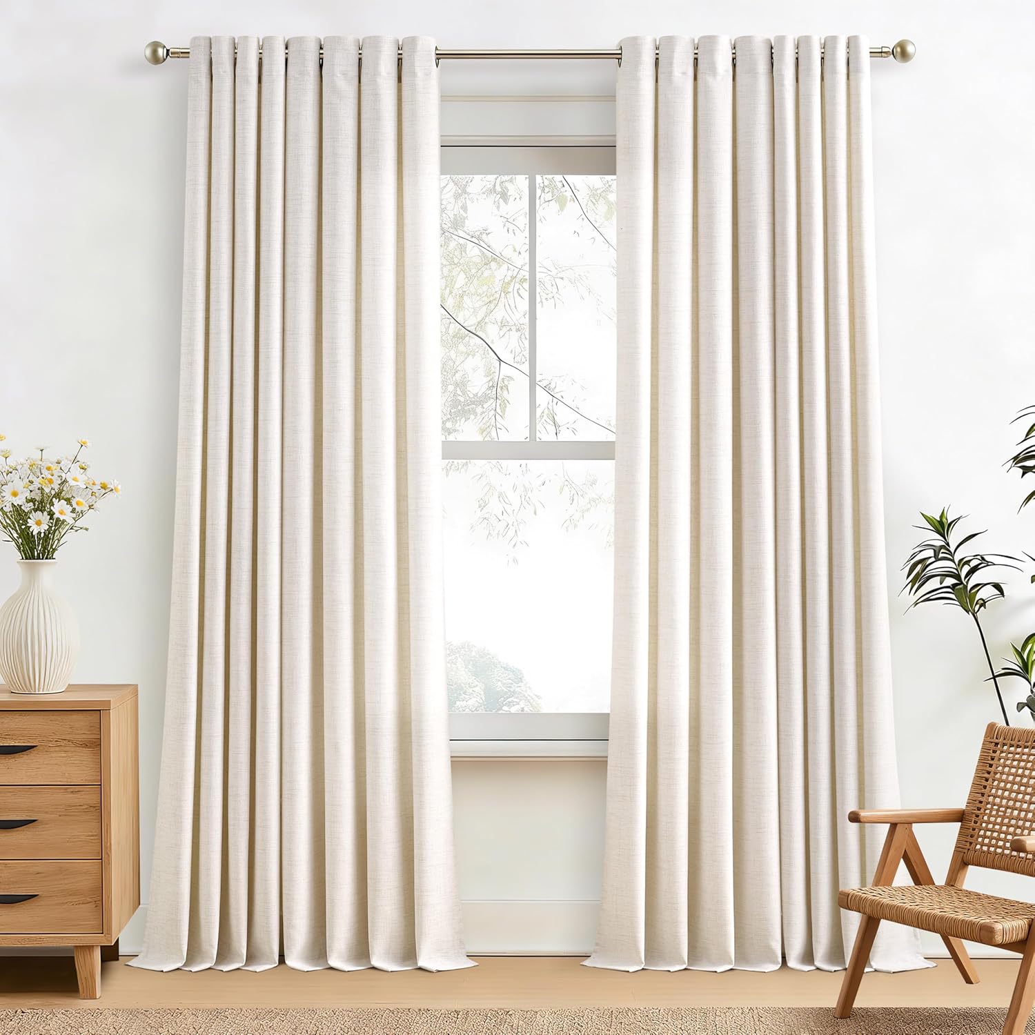 Natural Linen Curtains 96 Inches Long 2 Panels Bronze Grommet Curtain Burlap Ivory Cream Colored Light Filtering Semi Sheer Drapes Thick Linen Blend Floor to Ceiling Length Living Room 8ft
