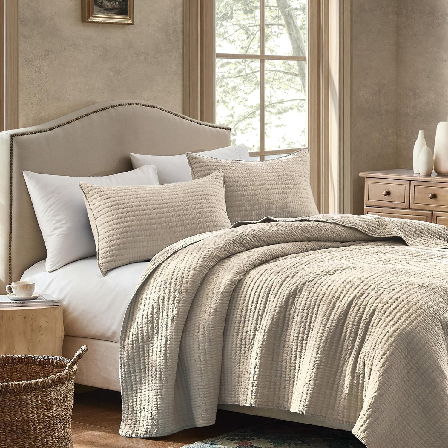 WDCOZY 100% Cotton King Size Quilt Set - Beige Neutral Striped Pick Stitch Soft Lightweight Bedspread, Textured Like Linen, Farmhouse Country Rustic Coverlet, Shabby Chic Gauze Bedding, 3 Pieces
