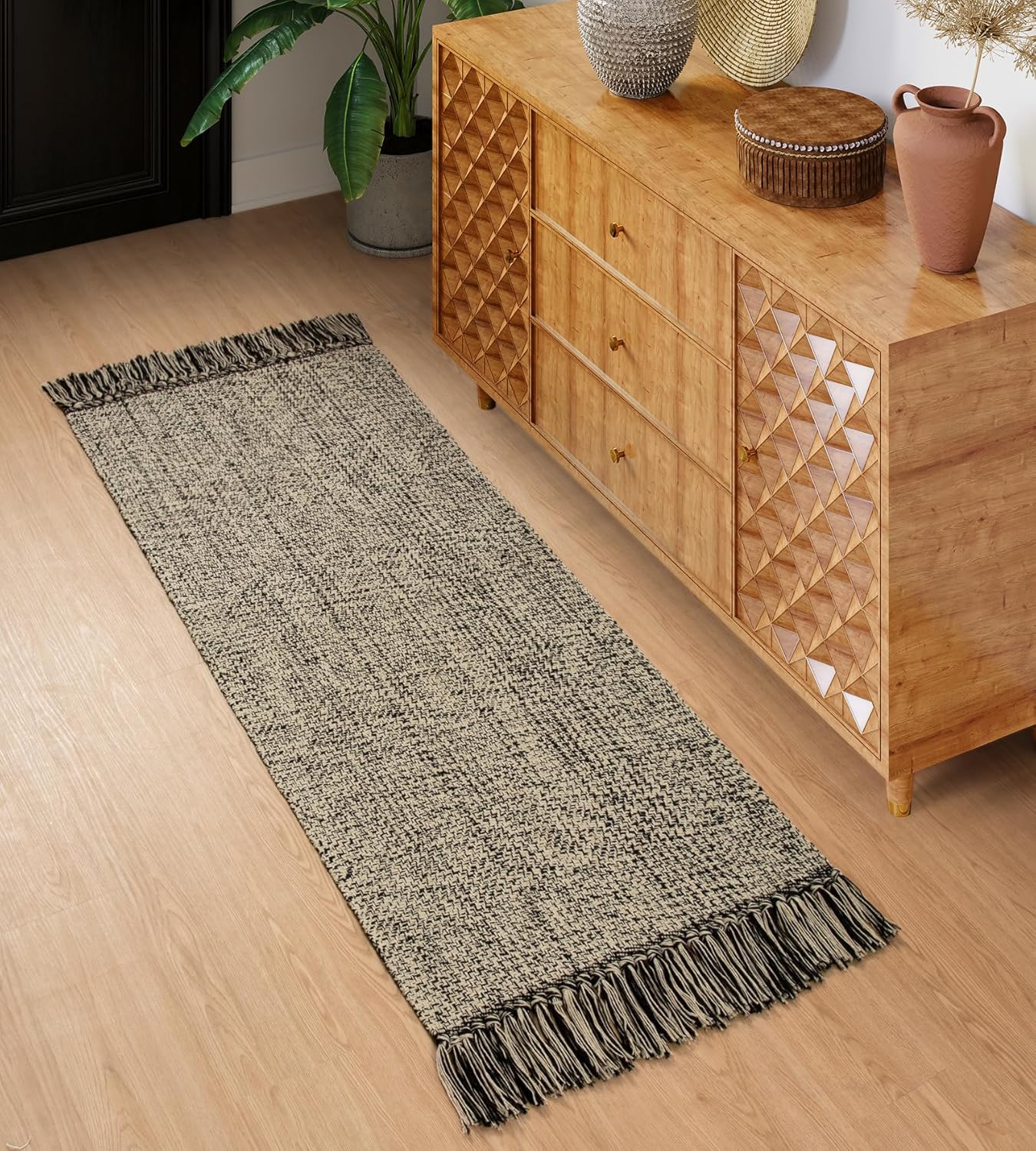 Collive 4x6 Area Rug, Natural/Black Woven Cotton Washable Modern Bedroom Rugs, Boho Dining Room Door Rug Carpet with Tassel for Living Room Nursery Room Office, Outdoor Rug for Patio Hallway Decor