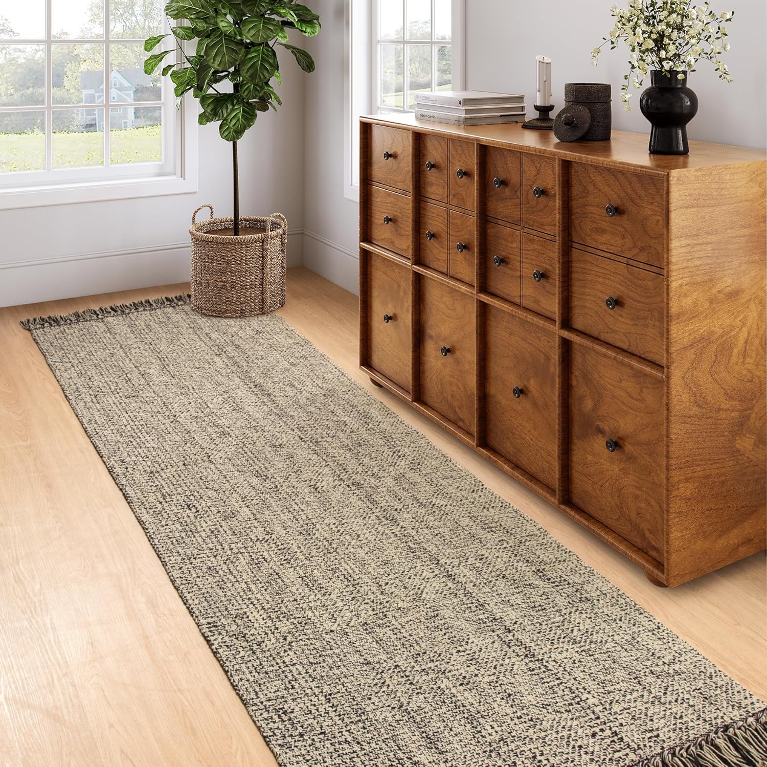 Collive 4x6 Area Rug, Natural/Black Woven Cotton Washable Modern Bedroom Rugs, Boho Dining Room Door Rug Carpet with Tassel for Living Room Nursery Room Office, Outdoor Rug for Patio Hallway Decor