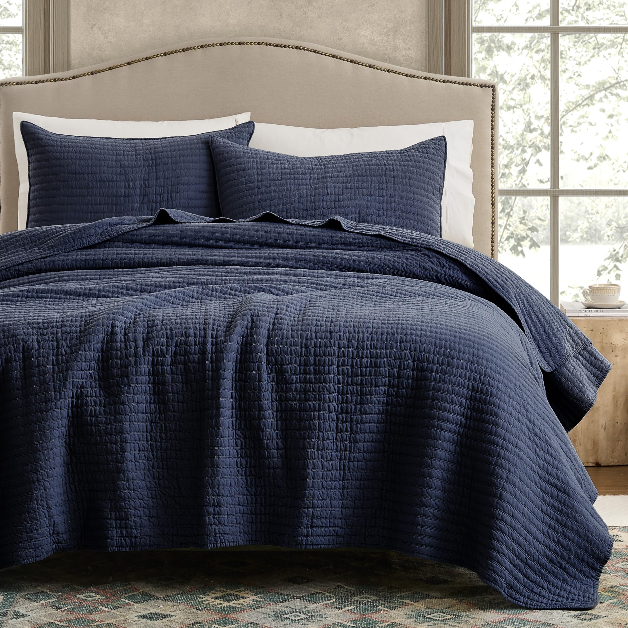 WDCOZY 100% Cotton King Size Quilt Set - Beige Neutral Striped Pick Stitch Soft Lightweight Bedspread, Textured Like Linen, Farmhouse Country Rustic Coverlet, Shabby Chic Gauze Bedding, 3 Pieces