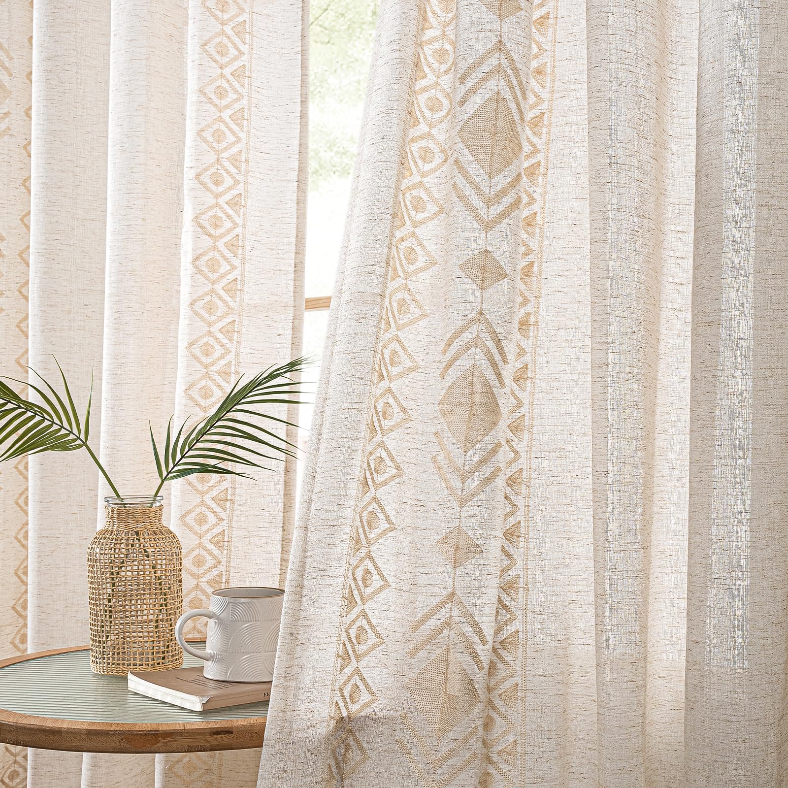 Beige Boho Curtains 63 Inches Long 2 Panels Neutral Linen Textured Curtains for Living Room Bedroom Cream Geometric Embroidered Grommet Top Light Filtering Window Drapes Taupe on Beige