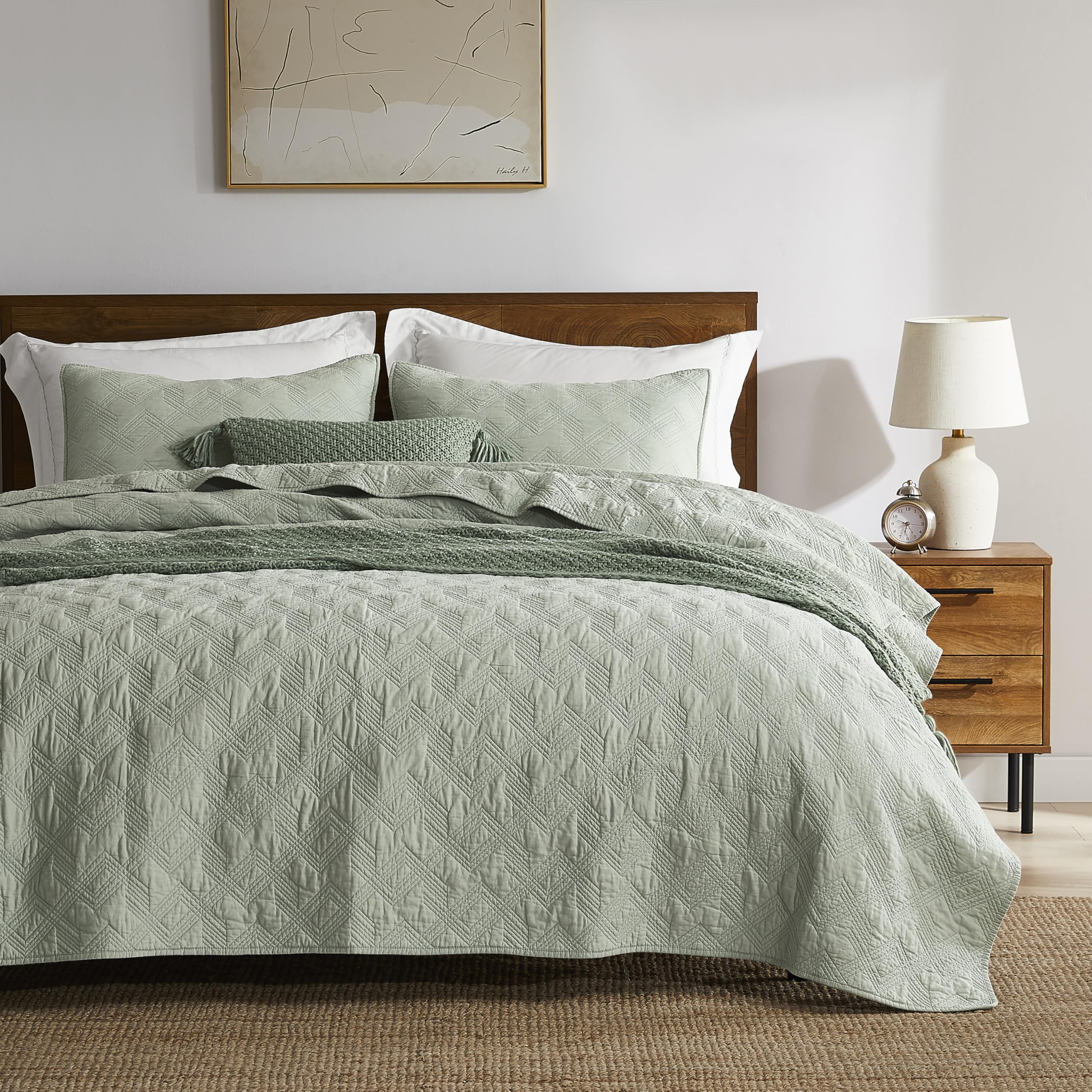 WDCOZY 100% Cotton Queen Size Quilt Set - Olive Green Pre-Washed Soft Lightweight Modern Bedspread, Farmhouse Country Rustic Coverlet, Textured Like Linen, Shabby Chic Gauze Bedding, 3 Pieces