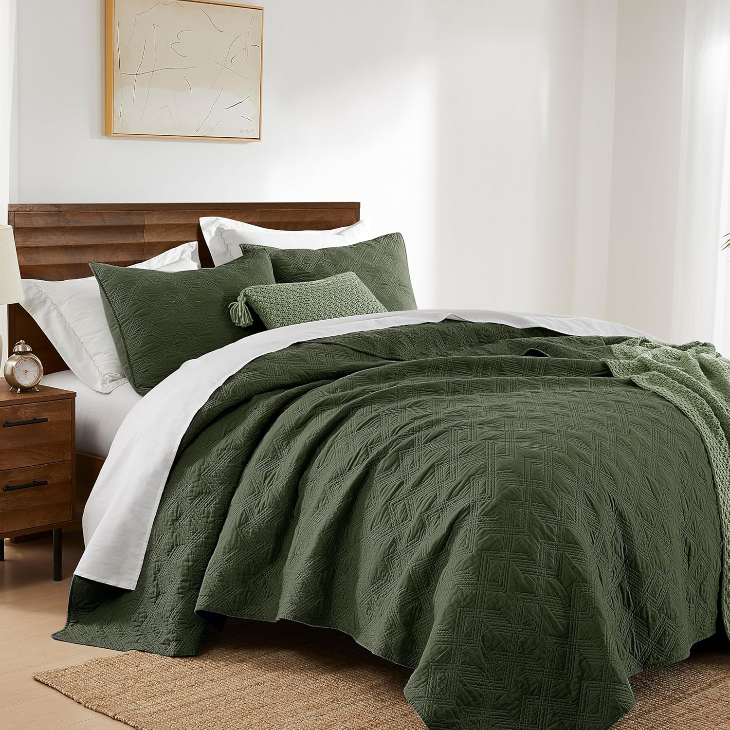 WDCOZY 100% Cotton Queen Size Quilt Set - Olive Green Pre-Washed Soft Lightweight Modern Bedspread, Farmhouse Country Rustic Coverlet, Textured Like Linen, Shabby Chic Gauze Bedding, 3 Pieces