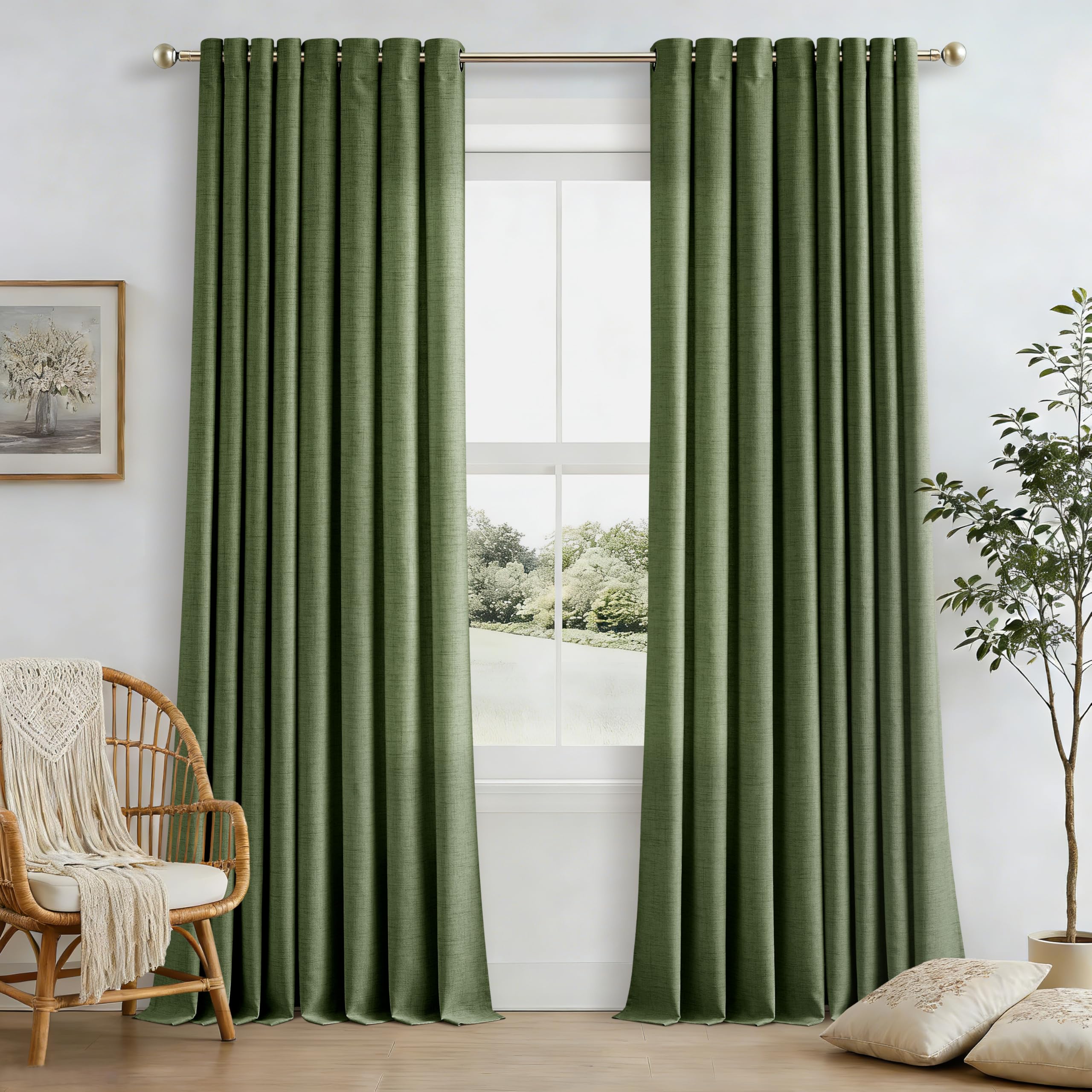 Natural Linen Curtains 96 Inches Long 2 Panels Bronze Grommet Curtain Burlap Ivory Cream Colored Light Filtering Semi Sheer Drapes Thick Linen Blend Floor to Ceiling Length Living Room 8ft