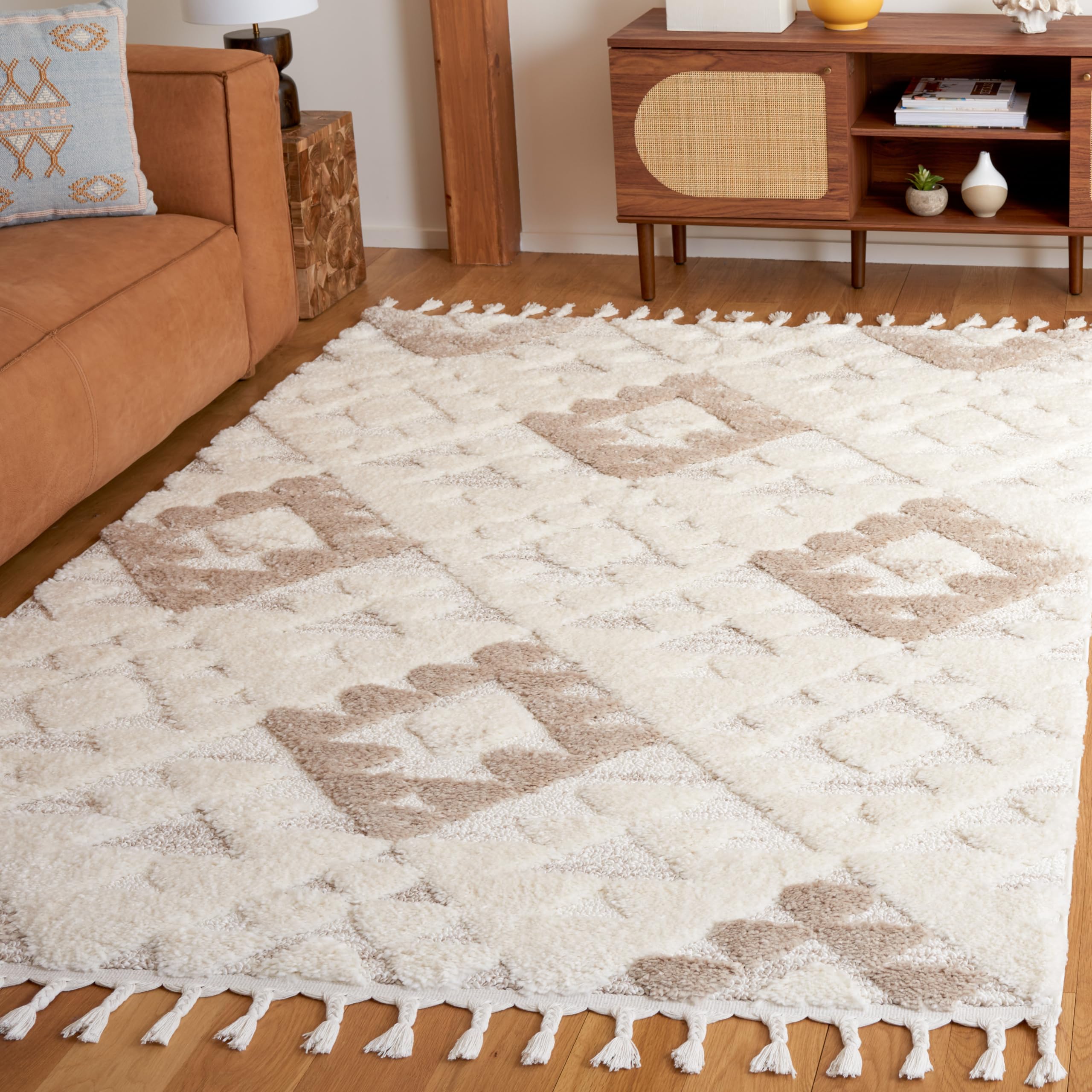 SAFAVIEH Area Rug 3x5 - Moroccan Tassel Shag Collection - Ivory, Non-Shedding & Easy to Clean, Plush High-Low Texture, Ideal for Living Room, Bedroom, Dining Space (MTS688C)