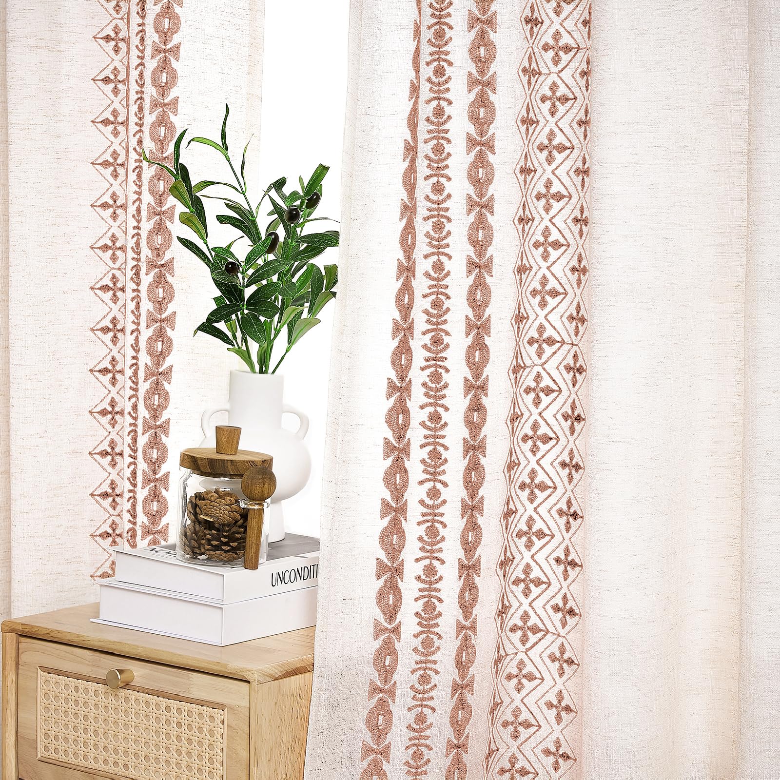 Beige Boho Curtains 63 Inches Long 2 Panels Neutral Linen Textured Curtains for Living Room Bedroom Cream Geometric Embroidered Grommet Top Light Filtering Window Drapes Taupe on Beige