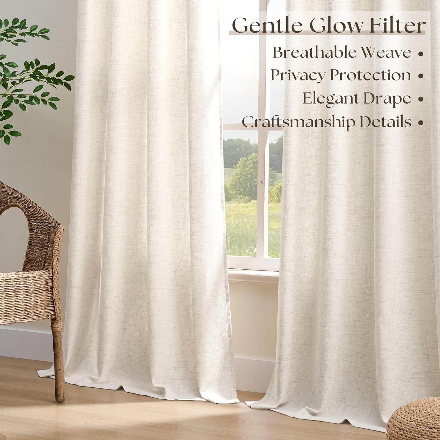 Natural Linen Curtains 96 Inches Long 2 Panels Bronze Grommet Curtain Burlap Ivory Cream Colored Light Filtering Semi Sheer Drapes Thick Linen Blend Floor to Ceiling Length Living Room 8ft