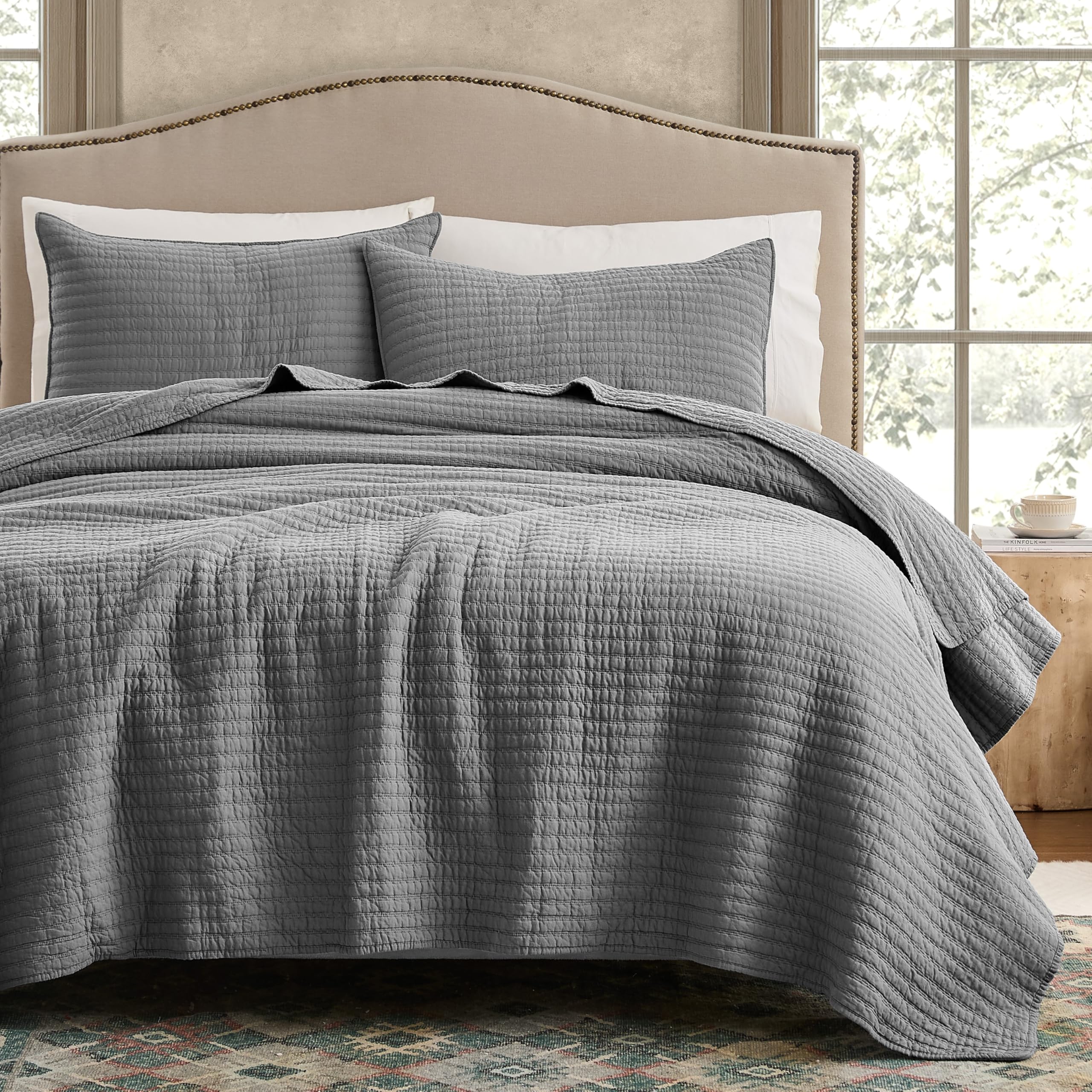 WDCOZY 100% Cotton Queen Size Quilt Set - Beige Neutral Striped Pick Stitch Soft Lightweight Bedspread, Textured Like Linen, Farmhouse Country Rustic Coverlet, Shabby Chic Gauze Bedding, 3 Pieces