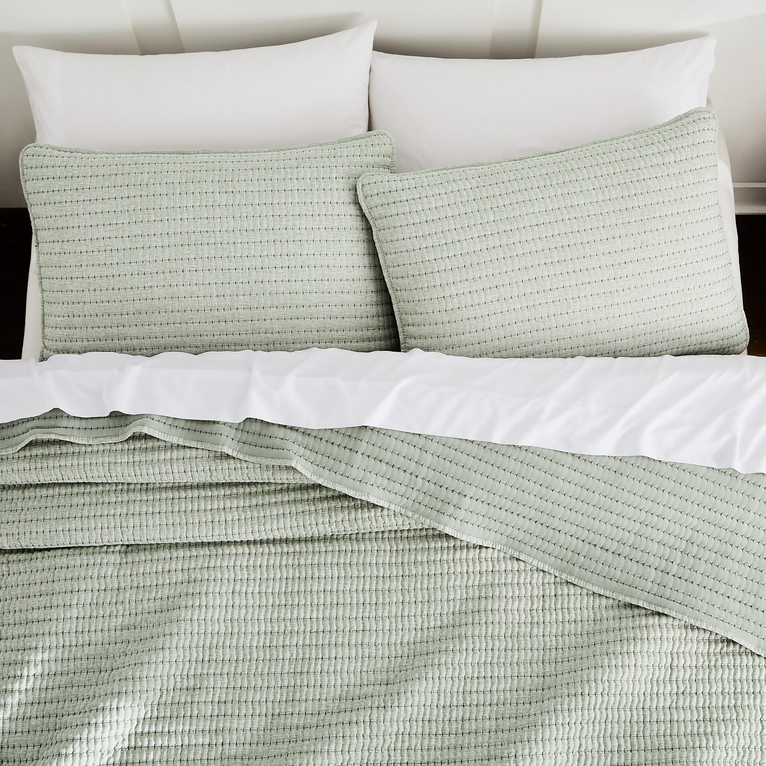WDCOZY Beige Pick Stitch King Size Quilt Set, Striped Lightweight Soft Summer Spring Bedspread, Bamboo Linen Like Textured Coverlet, Chambray Farmhouse Country Rustic Bedding, Netural Thin Comforter