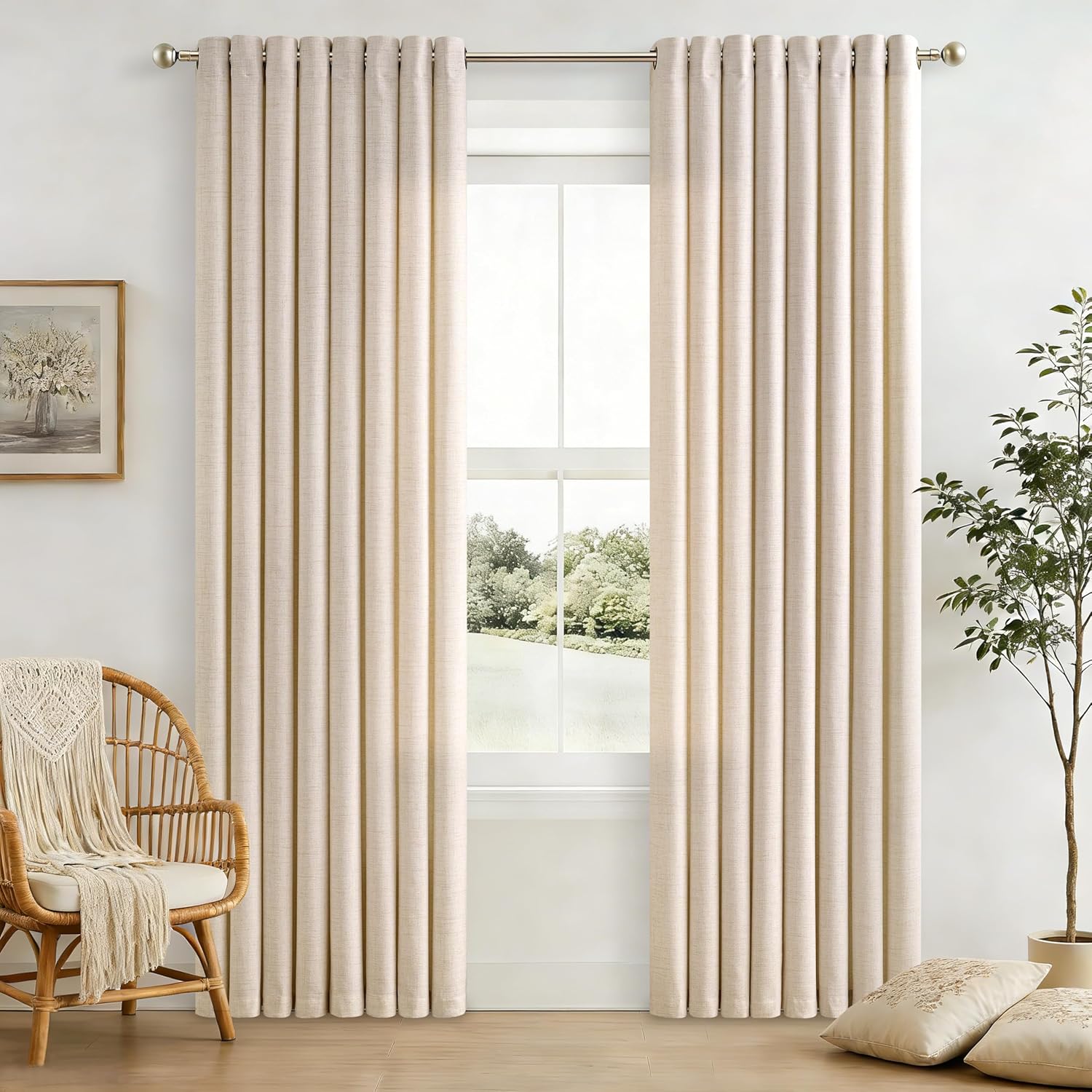 Natural Linen Curtains 96 Inches Long 2 Panels Bronze Grommet Curtain Burlap Ivory Cream Colored Light Filtering Semi Sheer Drapes Thick Linen Blend Floor to Ceiling Length Living Room 8ft