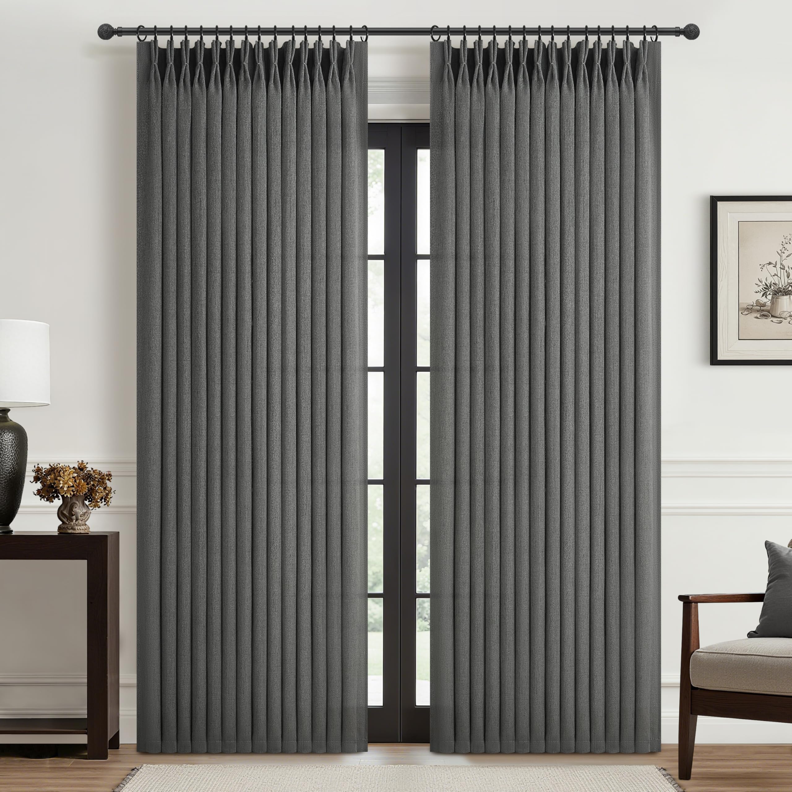 Pinch Pleated Linen Curtains 96 Inches Long for Living Room Bedroom, Light Filtering Boho Window Drape 96 inch 2 Panels Burgs with Hooks&Rings 8ft Cream Birch Sliding Glass Door Sheer Curtain Decor