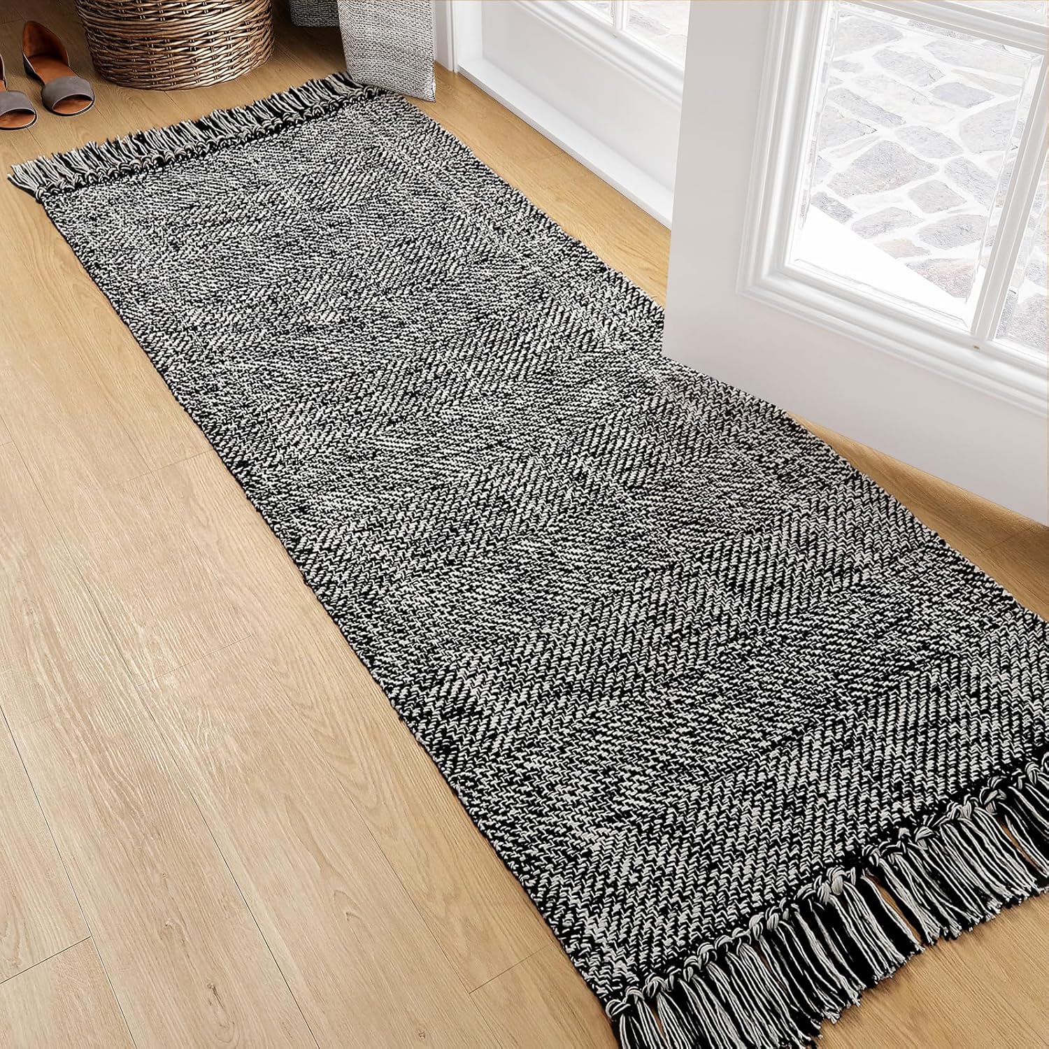 Collive 4x6 Area Rug, Natural/Black Woven Cotton Washable Modern Bedroom Rugs, Boho Dining Room Door Rug Carpet with Tassel for Living Room Nursery Room Office, Outdoor Rug for Patio Hallway Decor