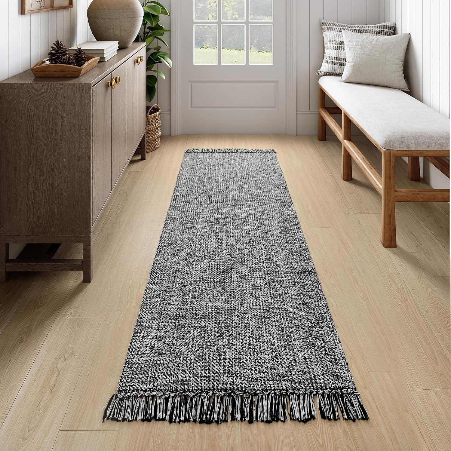 Collive 4x6 Area Rug, Natural/Black Woven Cotton Washable Modern Bedroom Rugs, Boho Dining Room Door Rug Carpet with Tassel for Living Room Nursery Room Office, Outdoor Rug for Patio Hallway Decor