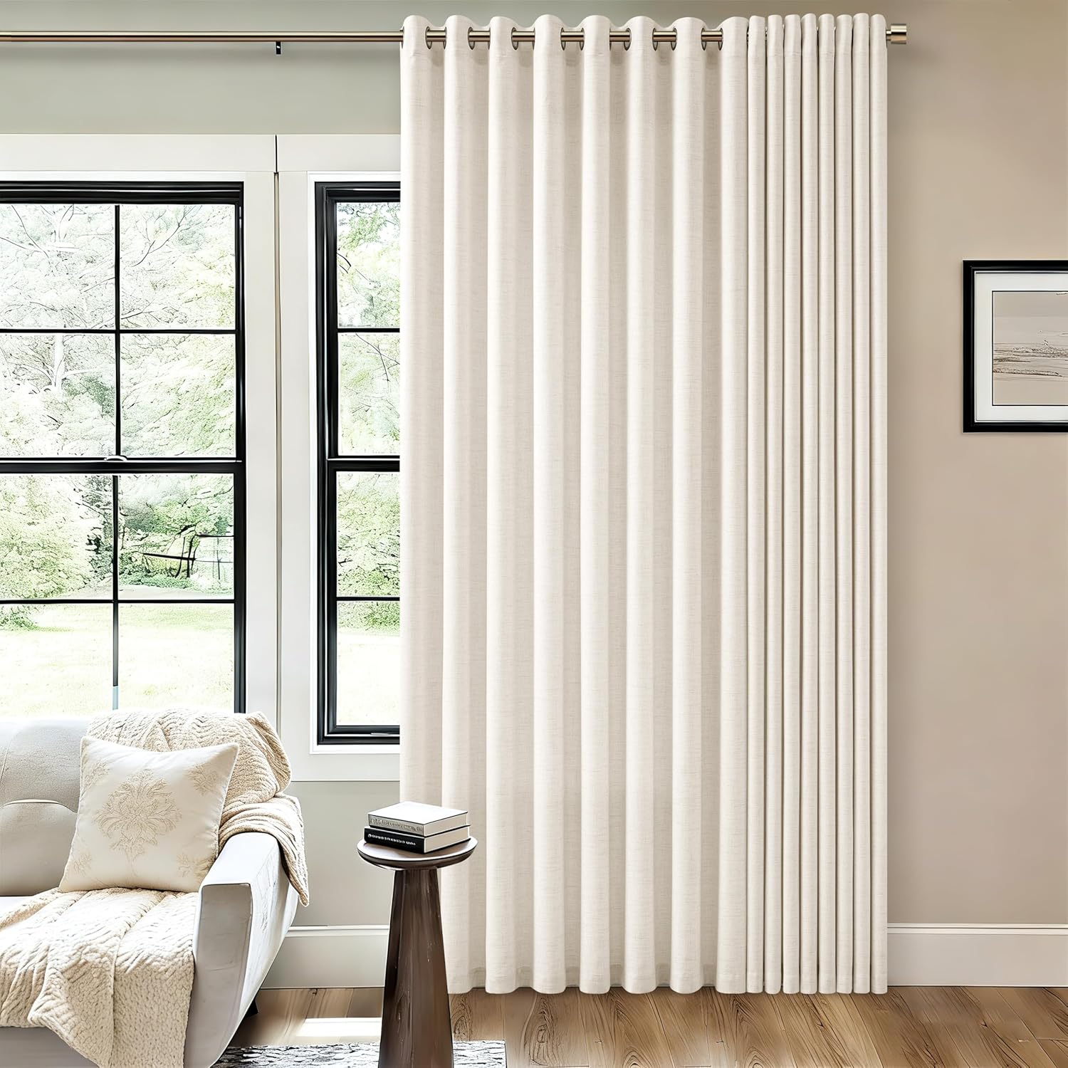 Natural Linen Curtains 96 Inches Long 2 Panels Bronze Grommet Curtain Burlap Ivory Cream Colored Light Filtering Semi Sheer Drapes Thick Linen Blend Floor to Ceiling Length Living Room 8ft