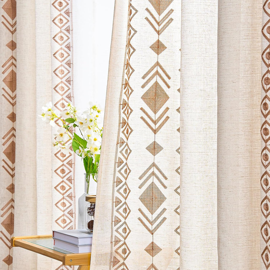 Beige Boho Curtains 63 Inches Long 2 Panels Neutral Linen Textured Curtains for Living Room Bedroom Cream Geometric Embroidered Grommet Top Light Filtering Window Drapes Taupe on Beige