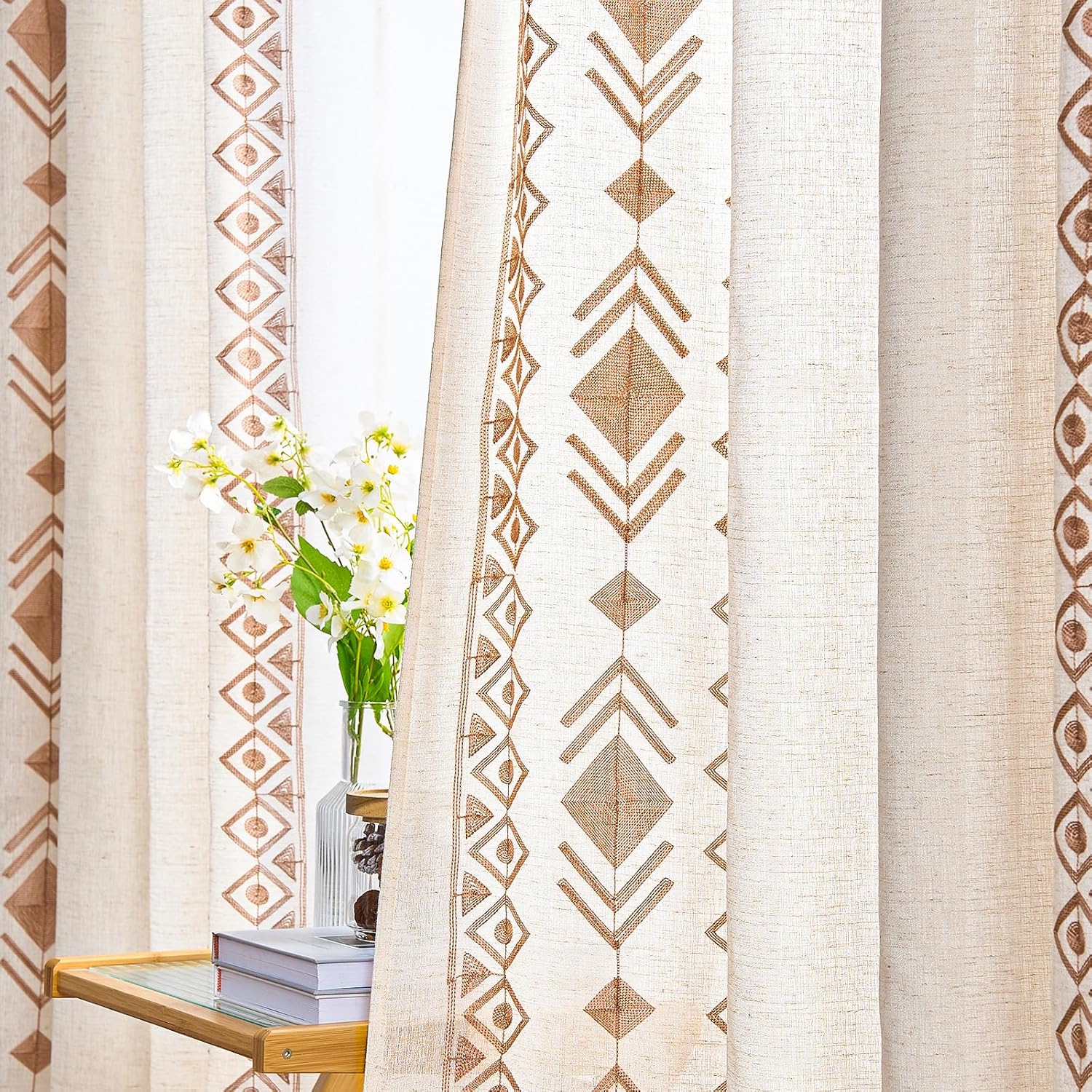 Beige Boho Curtains 63 Inches Long 2 Panels Neutral Linen Textured Curtains for Living Room Bedroom Cream Geometric Embroidered Grommet Top Light Filtering Window Drapes Taupe on Beige