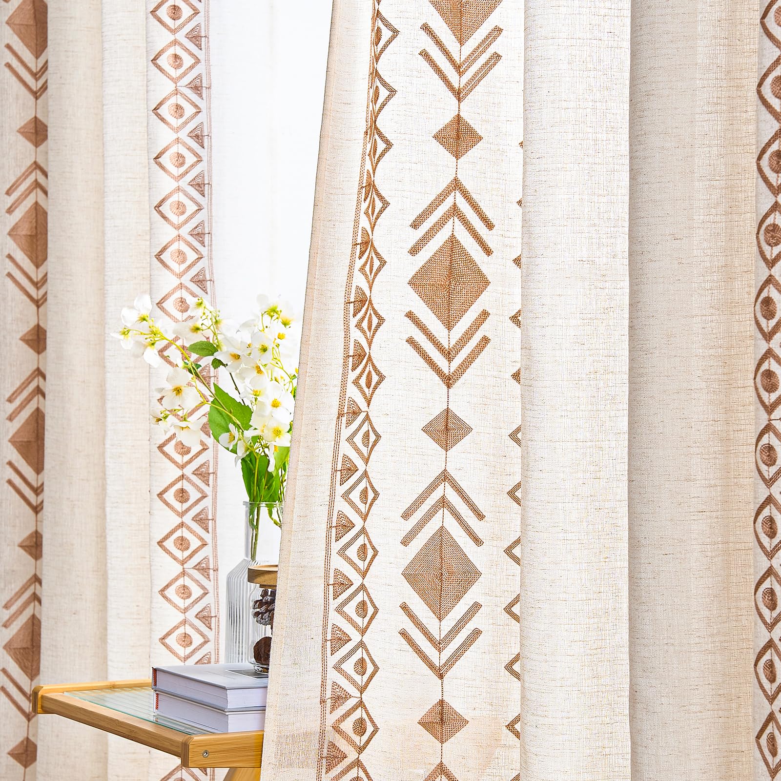 Beige Boho Curtains 63 Inches Long 2 Panels Neutral Linen Textured Curtains for Living Room Bedroom Cream Geometric Embroidered Grommet Top Light Filtering Window Drapes Taupe on Beige
