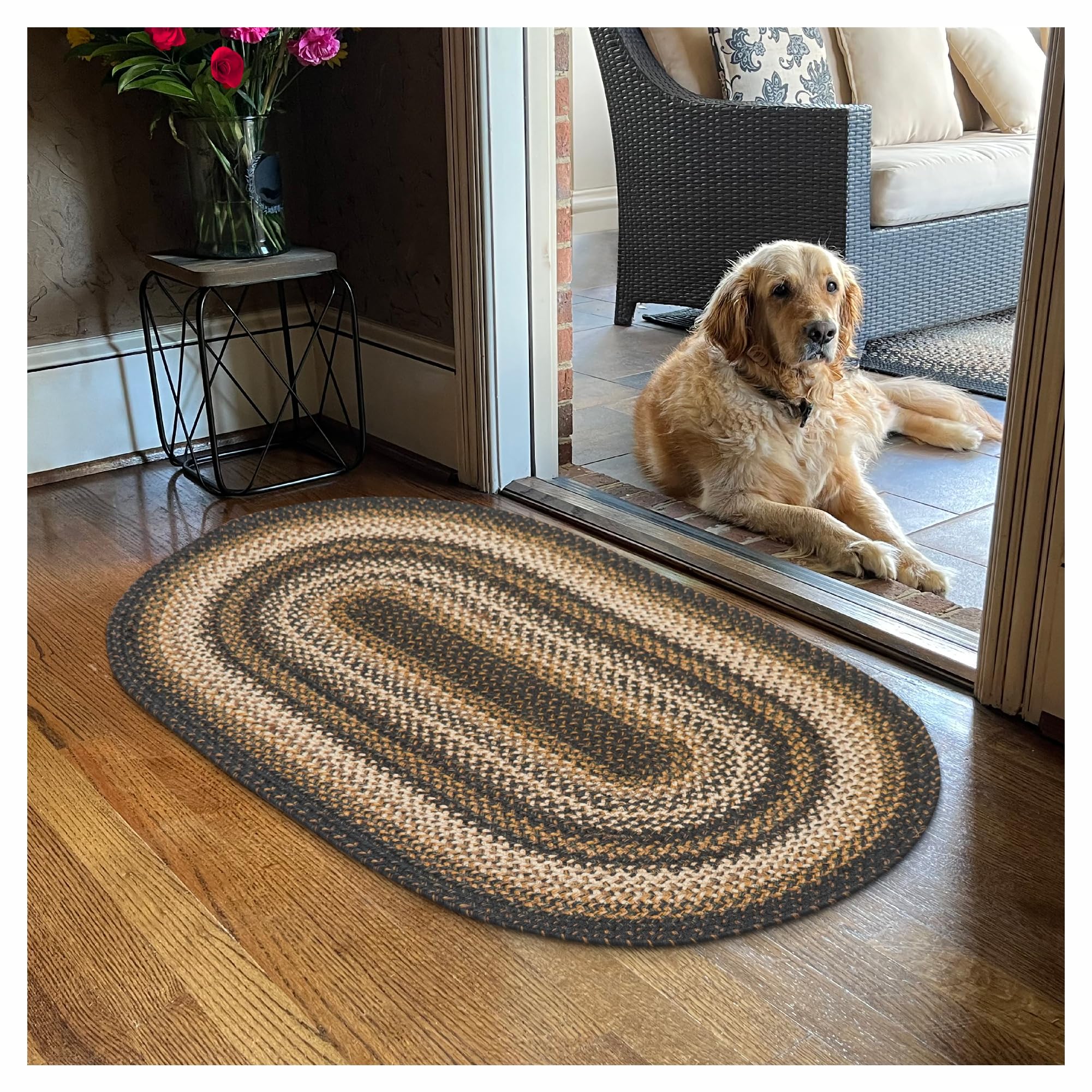 Homespice Gingerbread Black & Brown Braided Rug 20x30 - Jute Braided Kitchen Rugs for Country, Primitive Decor, Reversible, Pet-Friendly, Durable & Easy to Maintain