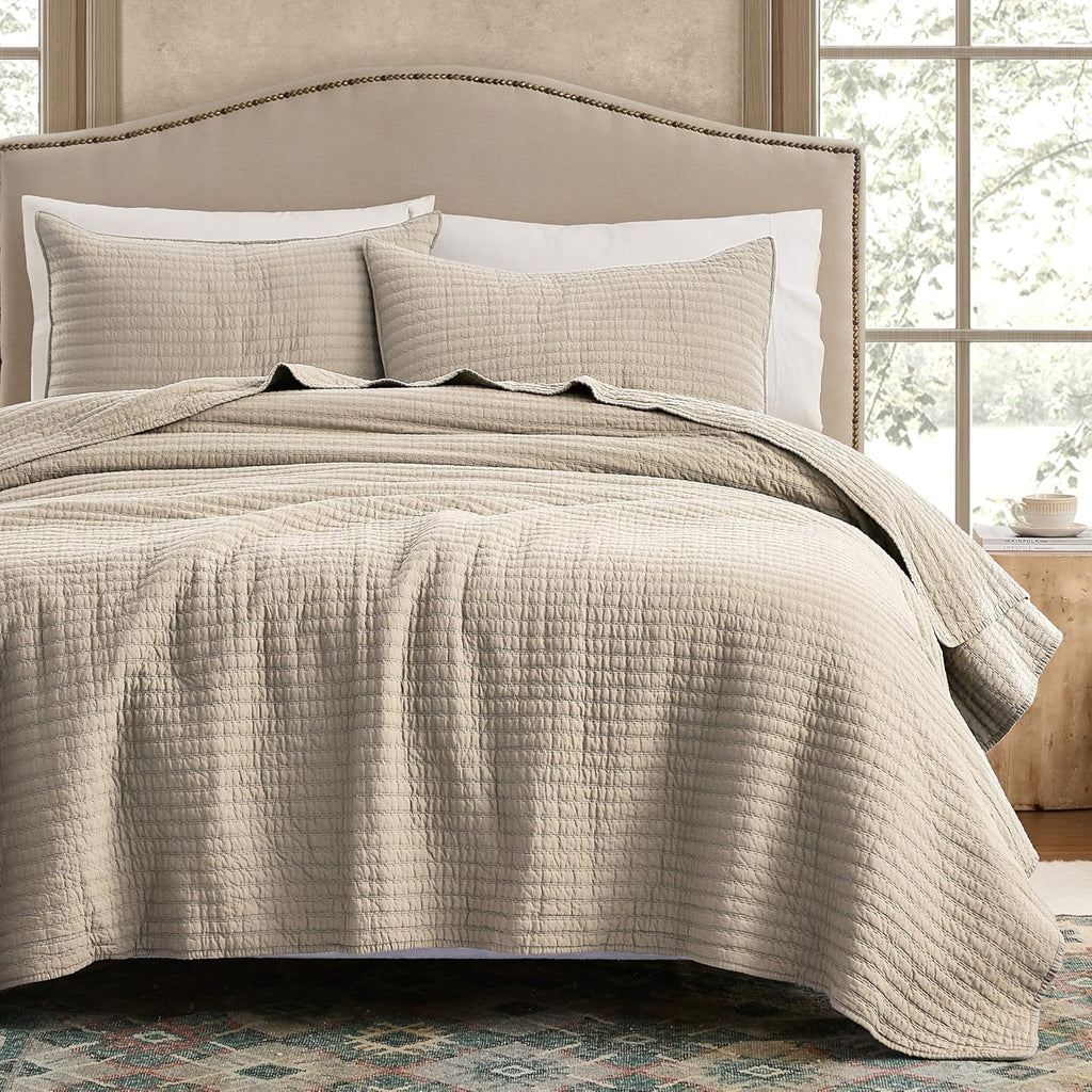 WDCOZY 100% Cotton Queen Size Quilt Set - Beige Neutral Striped Pick Stitch Soft Lightweight Bedspread, Textured Like Linen, Farmhouse Country Rustic Coverlet, Shabby Chic Gauze Bedding, 3 Pieces
