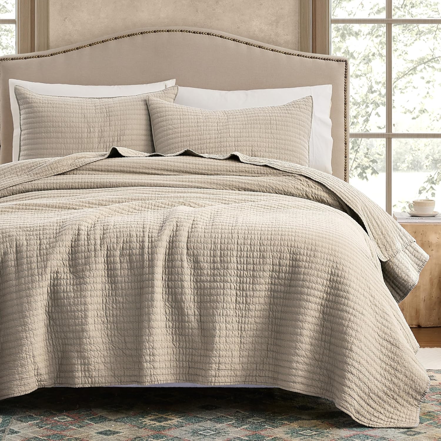 WDCOZY 100% Cotton King Size Quilt Set - Beige Neutral Striped Pick Stitch Soft Lightweight Bedspread, Textured Like Linen, Farmhouse Country Rustic Coverlet, Shabby Chic Gauze Bedding, 3 Pieces