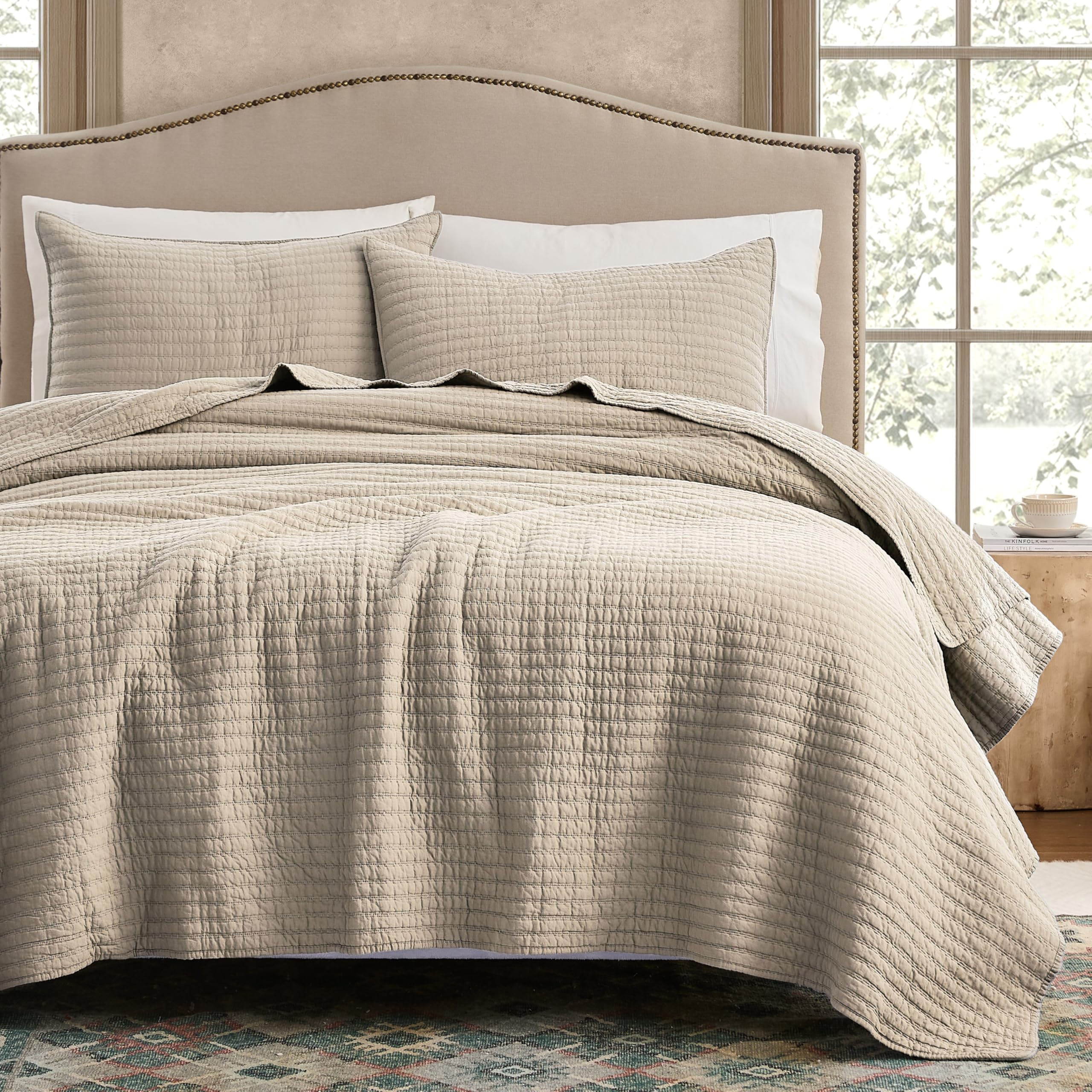 WDCOZY 100% Cotton Queen Size Quilt Set - Beige Neutral Striped Pick Stitch Soft Lightweight Bedspread, Textured Like Linen, Farmhouse Country Rustic Coverlet, Shabby Chic Gauze Bedding, 3 Pieces
