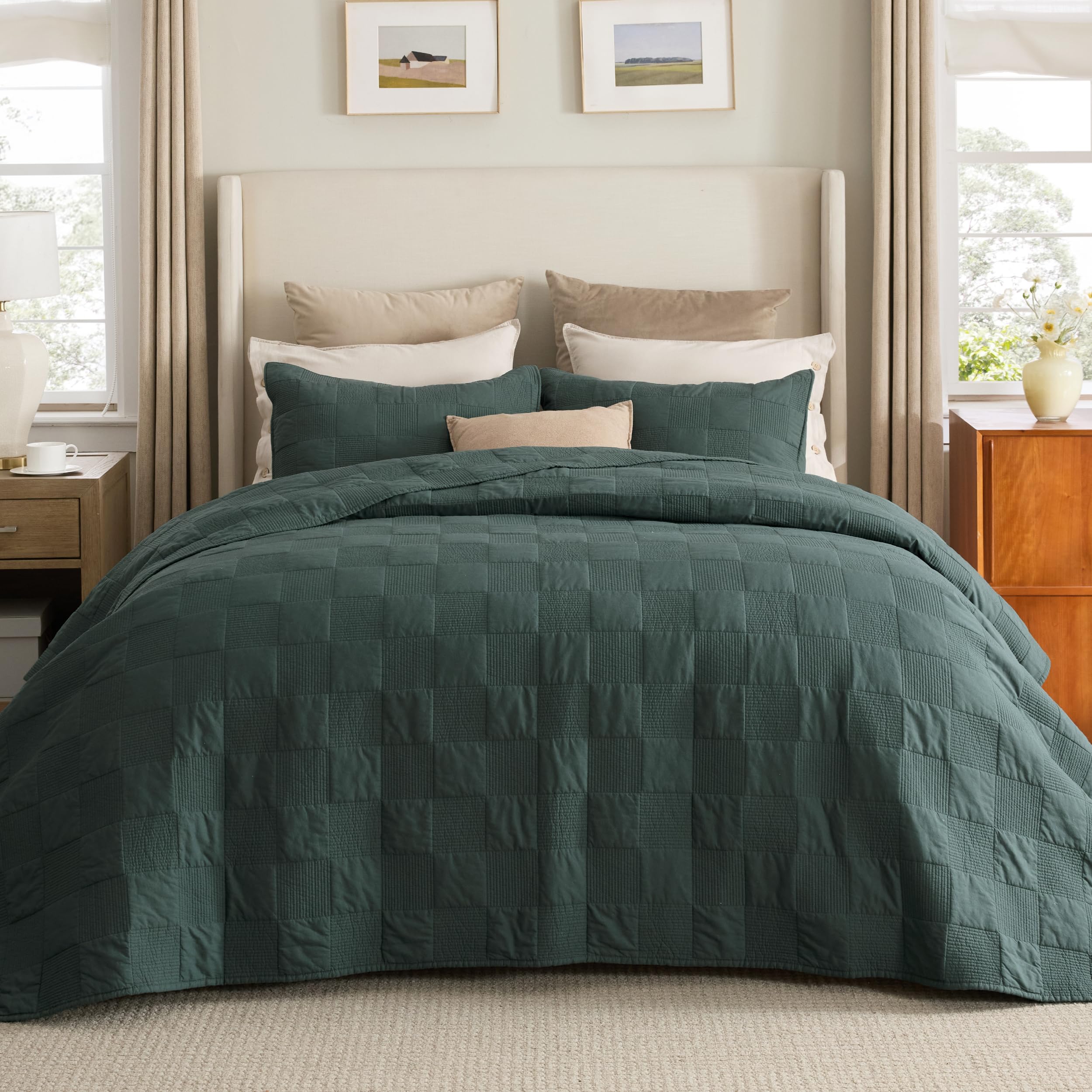 Bedsure 100% Cotton Quilt Set - Queen Size Bedspread, Lightweight Soft Bed Coverlet, PureWoven, 3-Piece Cozy Stitching Comforter with 2 Pillow Shams in Embroidery Clover Pattern, 90x96 in, Linen Beige