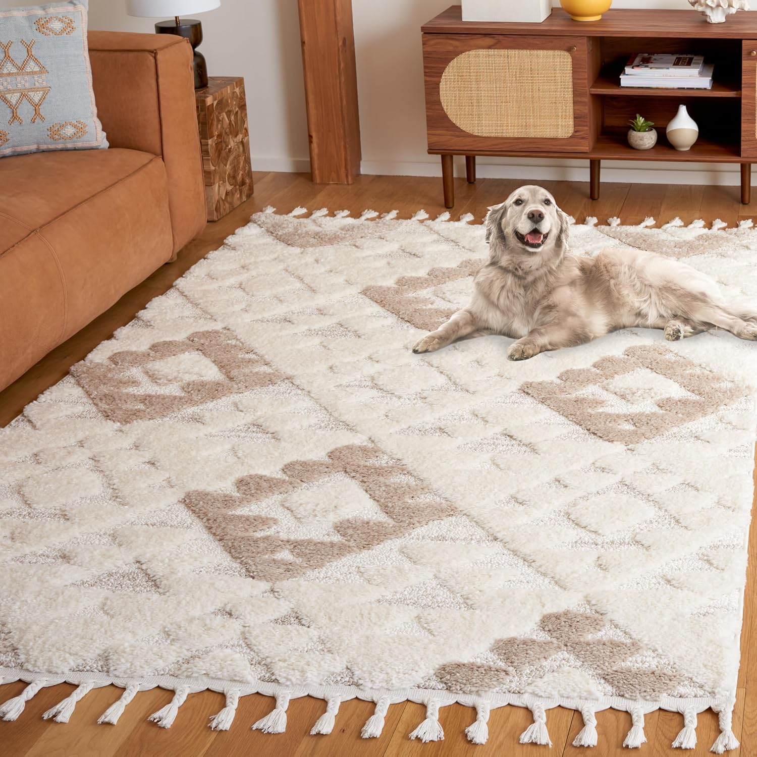 SAFAVIEH Area Rug 3x5 - Moroccan Tassel Shag Collection - Ivory, Non-Shedding & Easy to Clean, Plush High-Low Texture, Ideal for Living Room, Bedroom, Dining Space (MTS688C)