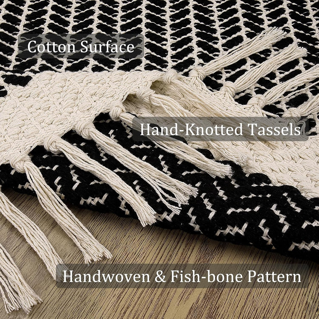 Lahome Belle Boho Hallway Runner Rug, 2x6 Laundry Room Lightweight Entry Woven Cotton Throw Mat with Tassels, Farmhouse Non Shedding Washable Black Low Pile Runner for Kitchen Bathroom