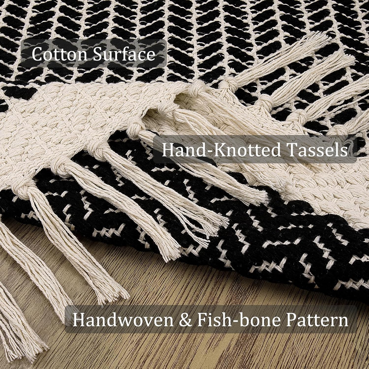 Lahome Belle Boho Hallway Runner Rug, 2x6 Laundry Room Lightweight Entry Woven Cotton Throw Mat with Tassels, Farmhouse Non Shedding Washable Black Low Pile Runner for Kitchen Bathroom
