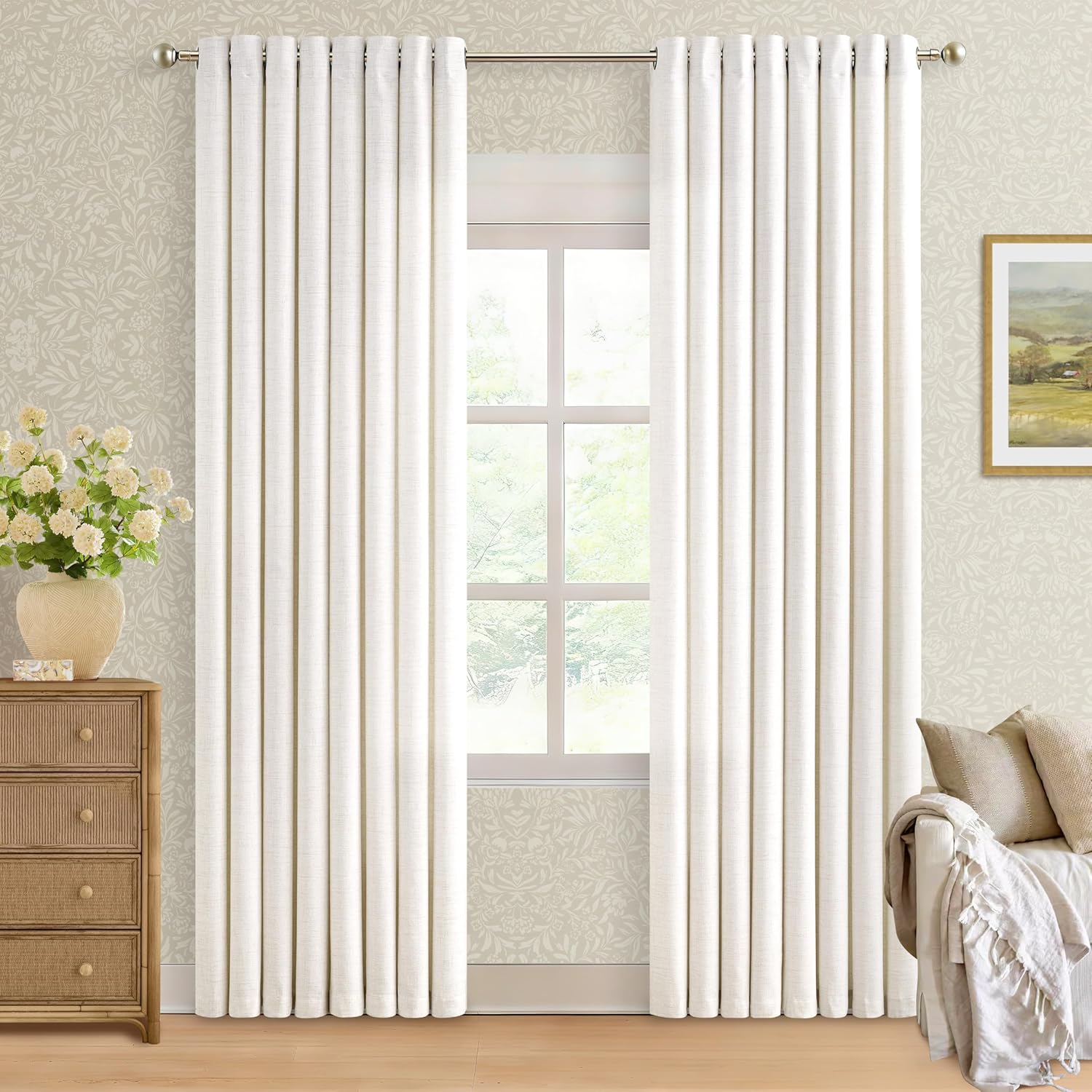 Natural Linen Curtains 96 Inches Long 2 Panels Bronze Grommet Curtain Burlap Ivory Cream Colored Light Filtering Semi Sheer Drapes Thick Linen Blend Floor to Ceiling Length Living Room 8ft
