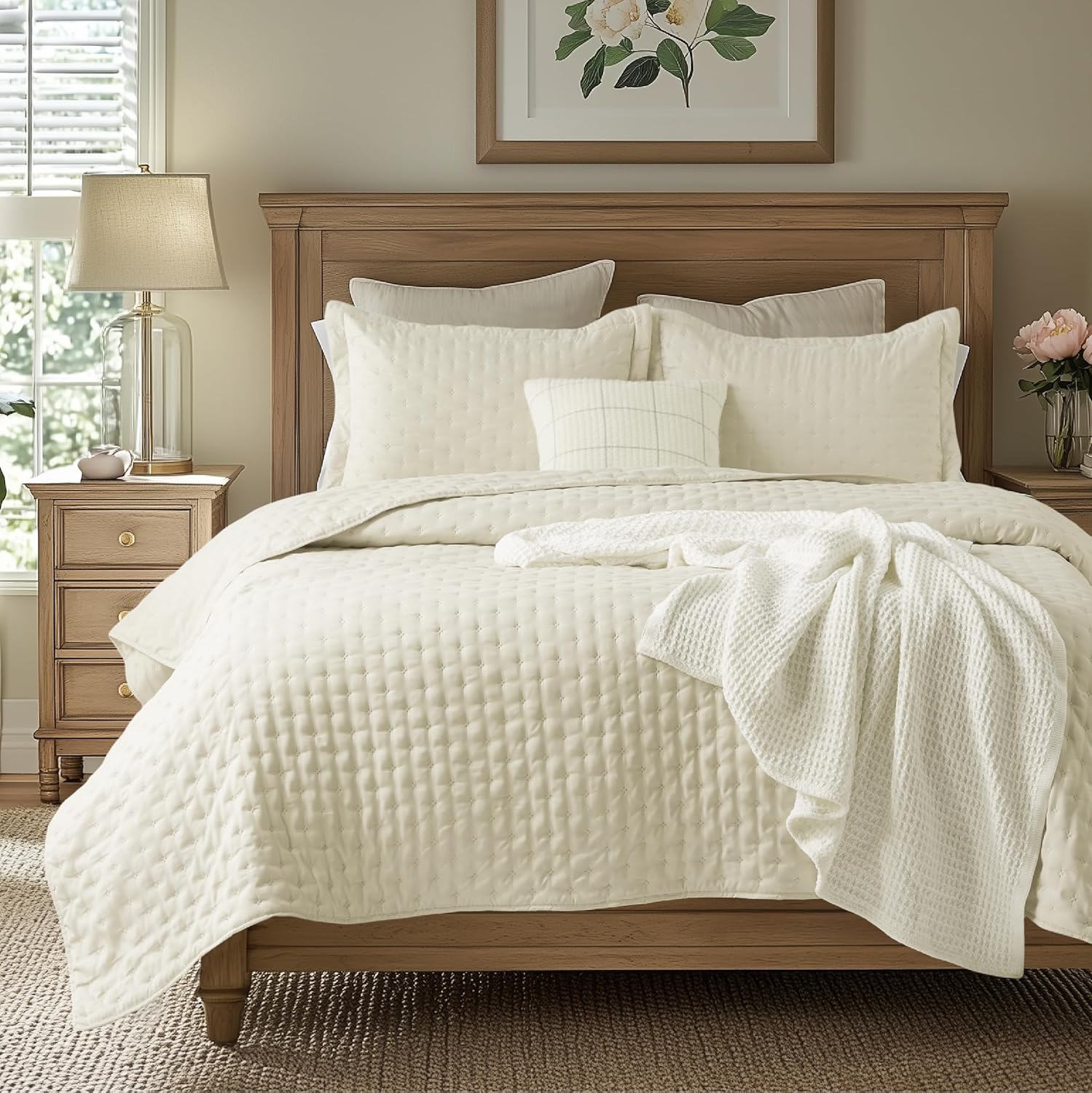 Bedsure Quilts Queen Size - Linen Bedspread Queen Size & Lightweight Comforter, Modern Farmhouse Coverlet with Clover Pattern, Ultra Soft All-Season Bedding, 90 x 96 Inches | Stitch-Free Quilting, Ultra Soft, Lightweight, Machine Washable, Pet-Friendly