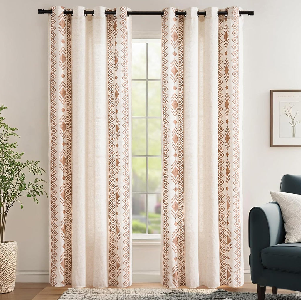 Beige Boho Curtains 63 Inches Long 2 Panels Neutral Linen Textured Curtains for Living Room Bedroom Cream Geometric Embroidered Grommet Top Light Filtering Window Drapes Taupe on Beige