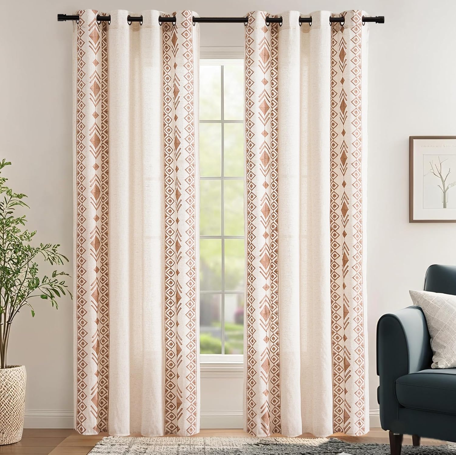Beige Boho Curtains 63 Inches Long 2 Panels Neutral Linen Textured Curtains for Living Room Bedroom Cream Geometric Embroidered Grommet Top Light Filtering Window Drapes Taupe on Beige