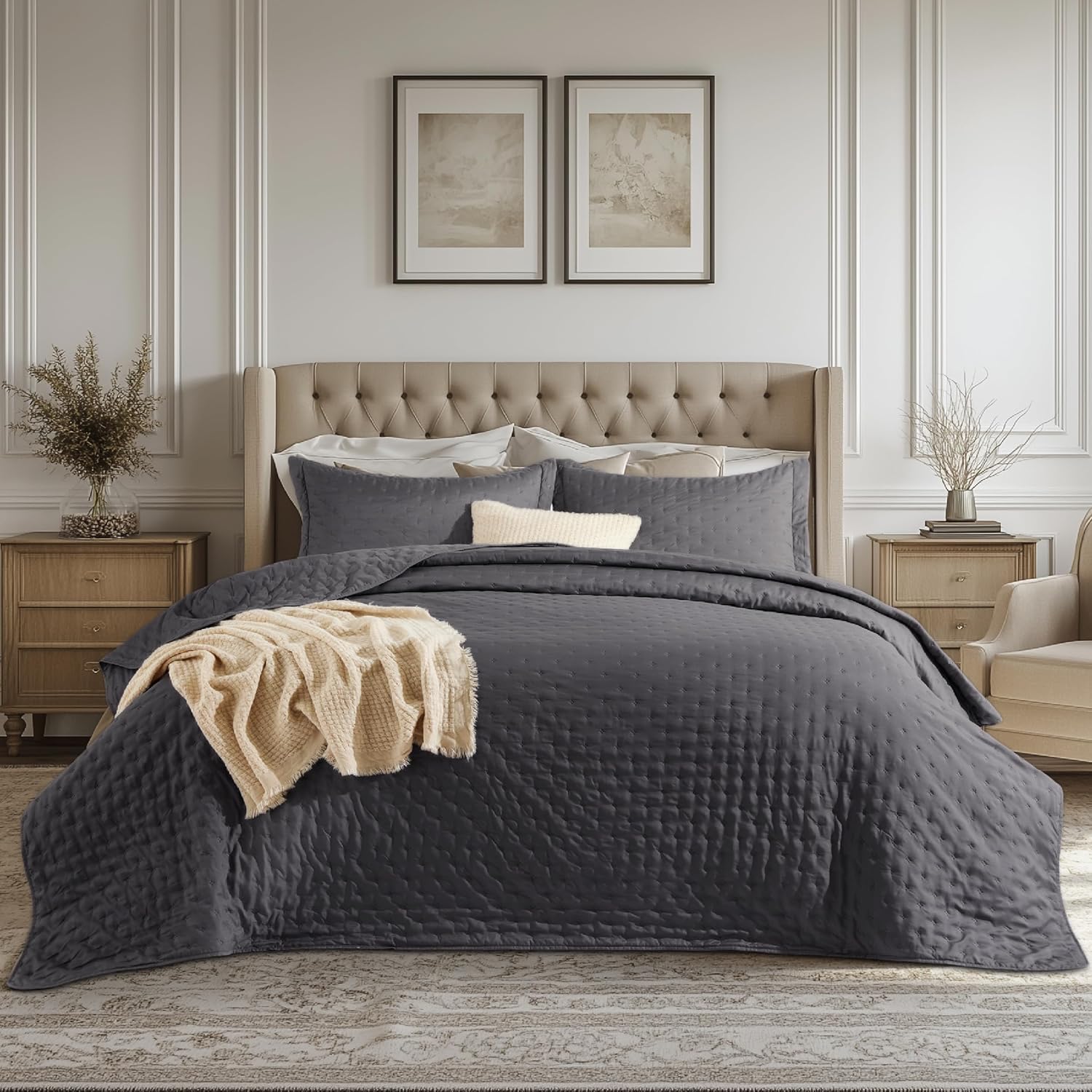 Bedsure Quilts Queen Size - Linen Bedspread Queen Size & Lightweight Comforter, Modern Farmhouse Coverlet with Clover Pattern, Ultra Soft All-Season Bedding, 90 x 96 Inches | Stitch-Free Quilting, Ultra Soft, Lightweight, Machine Washable, Pet-Friendly